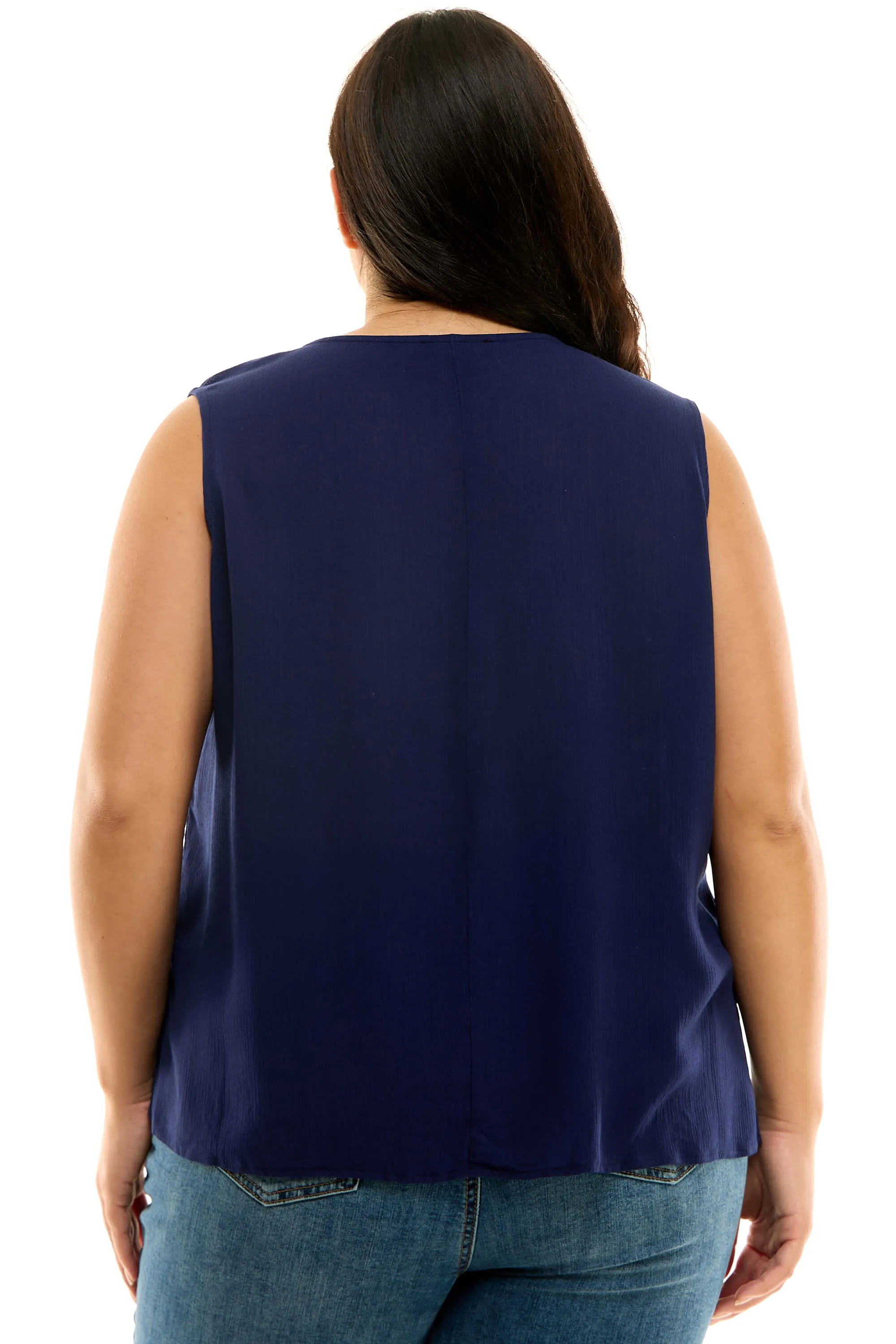Sleeveless Embroidered Yoke Split Neck Blouse in Navy - Plus sold by Dress Barn product image thumbnail 4