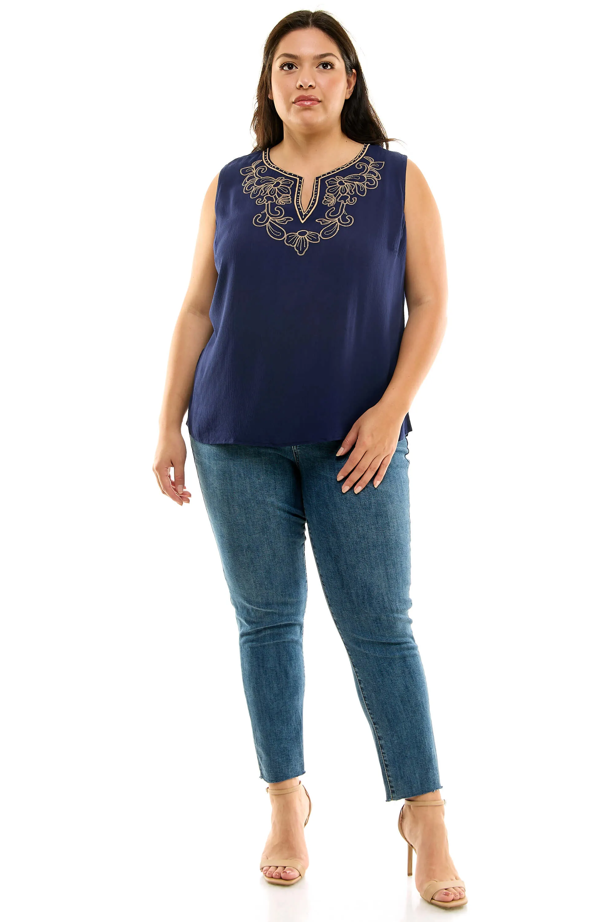 Sleeveless Embroidered Yoke Split Neck Blouse in Navy - Plus sold by Dress Barn
