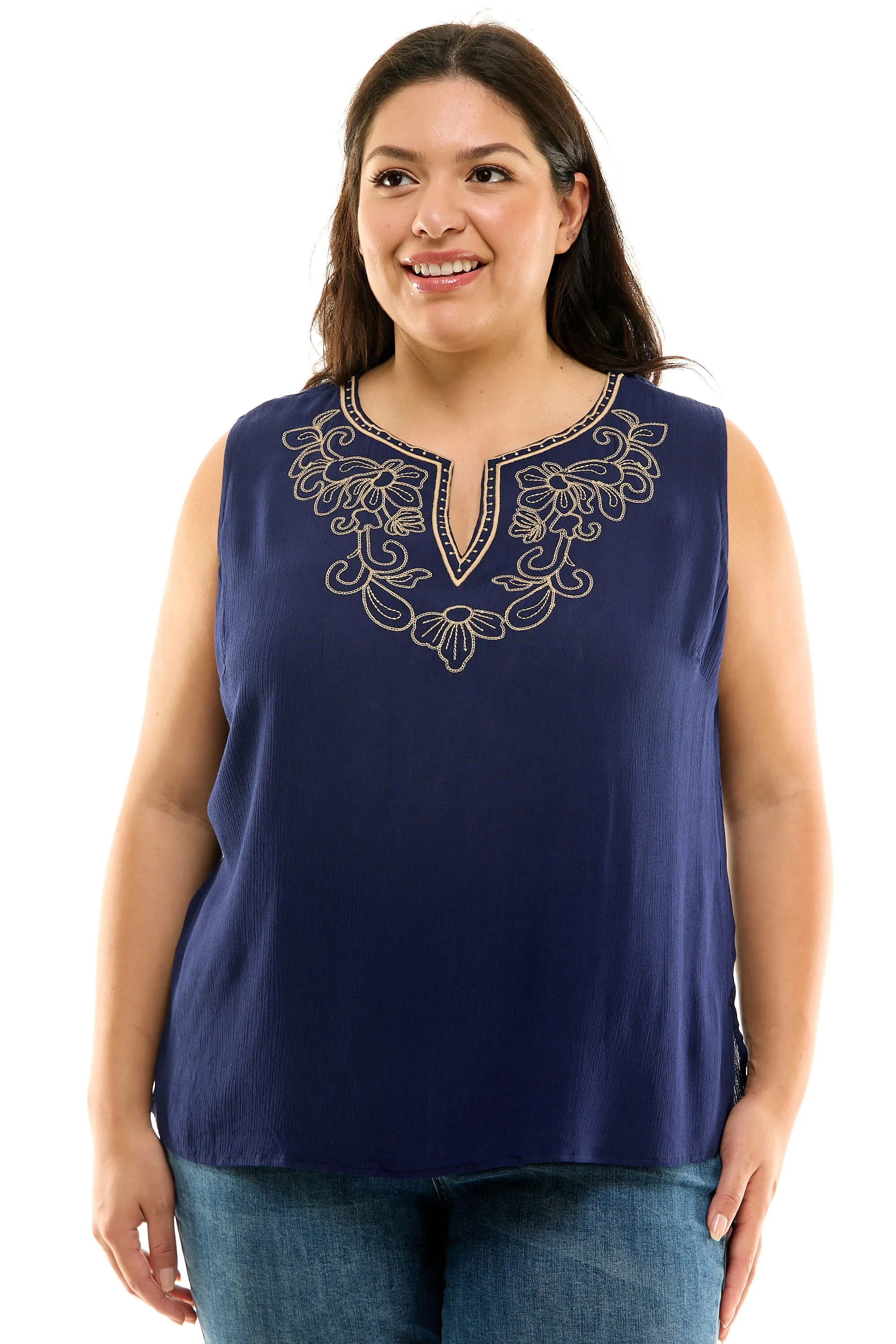 Sleeveless Embroidered Yoke Split Neck Blouse in Navy - Plus sold by Dress Barn product image thumbnail 2