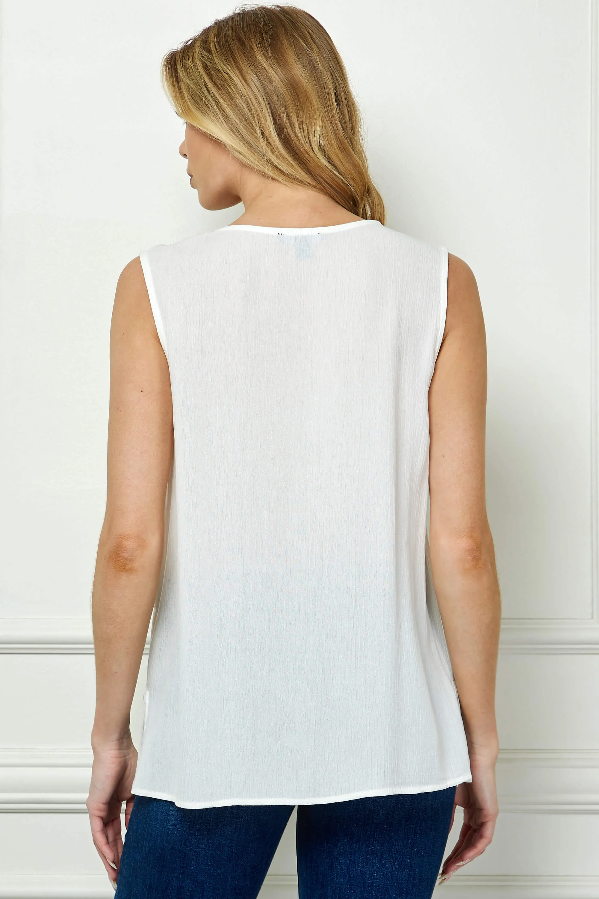 Sleeveless Embroidered Yoke Split Neck Blouse in White sold by Dress Barn product image thumbnail 4