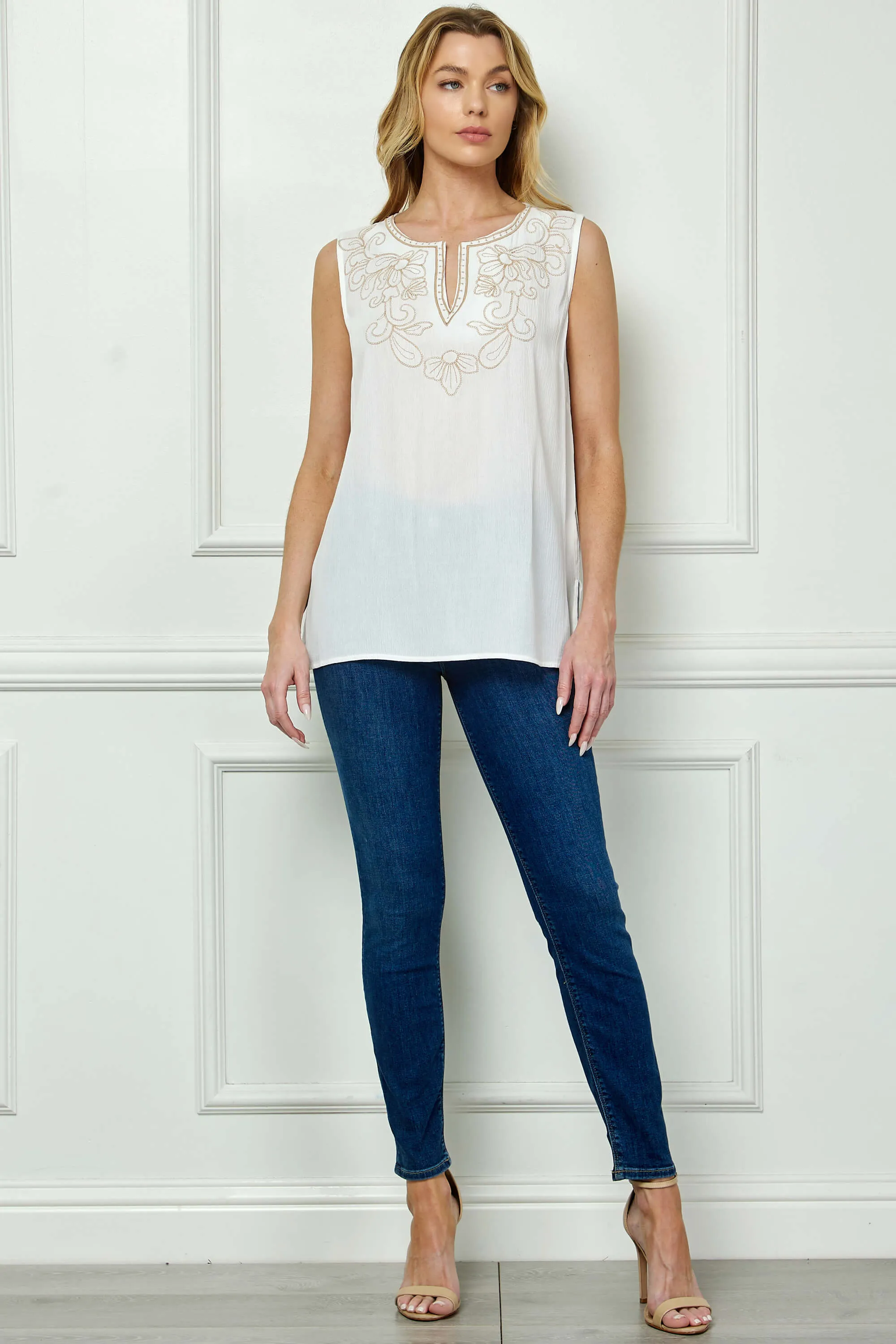 Sleeveless Embroidered Yoke Split Neck Blouse in White sold by Dress Barn