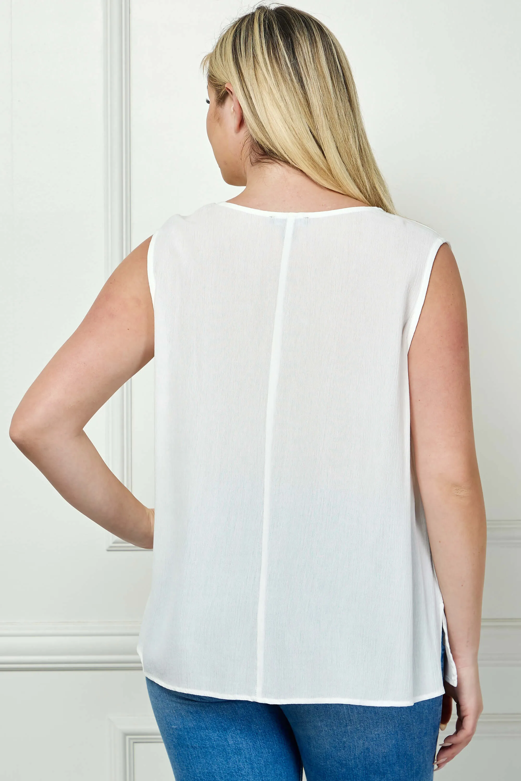 Sleeveless Embroidered Yoke Split Neck Blouse in White - Plus sold by Dress Barn product image thumbnail 4