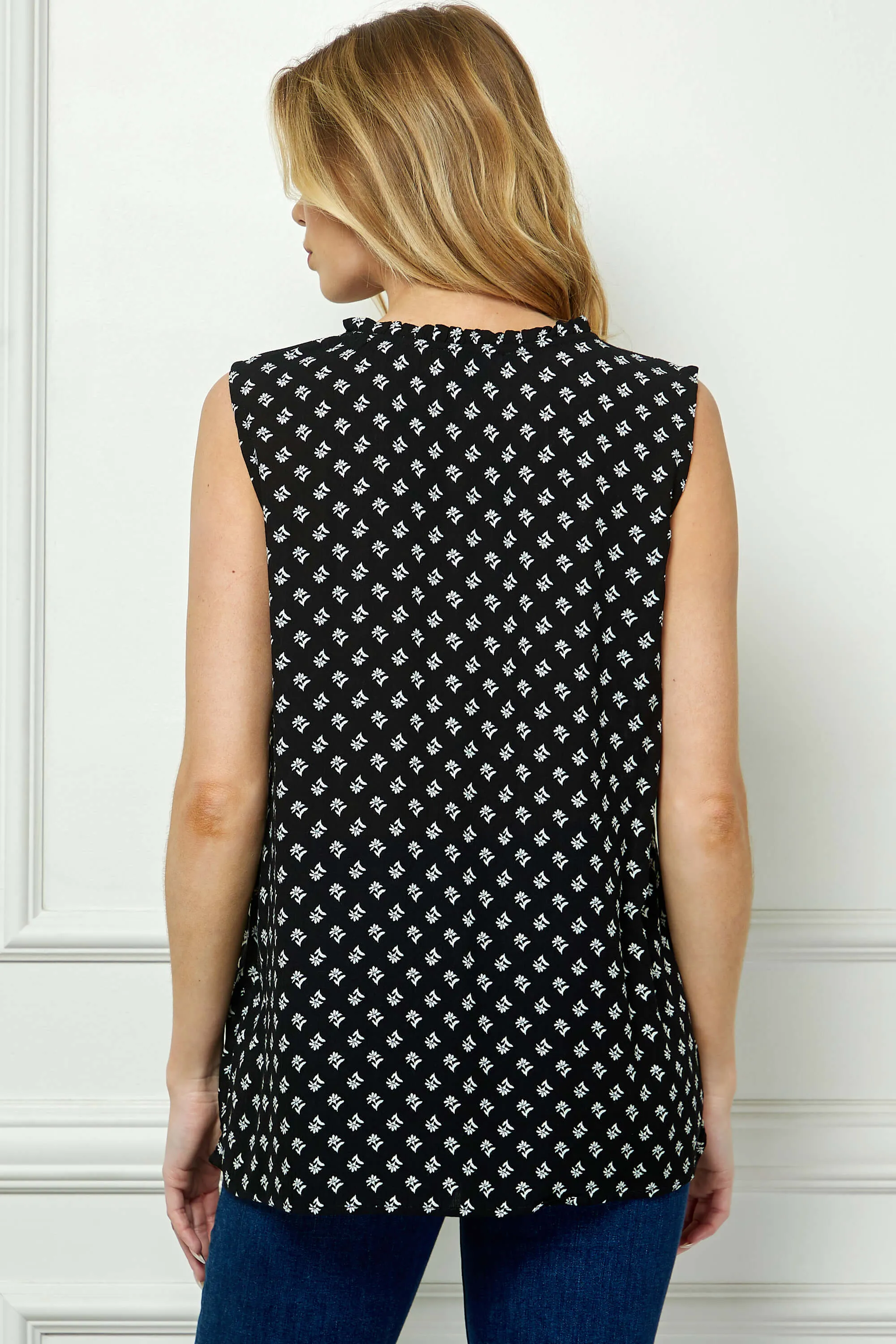 Sleeveless Ruffle Split Neck Tassel Blouse in Black sold by Dress Barn product image thumbnail 4