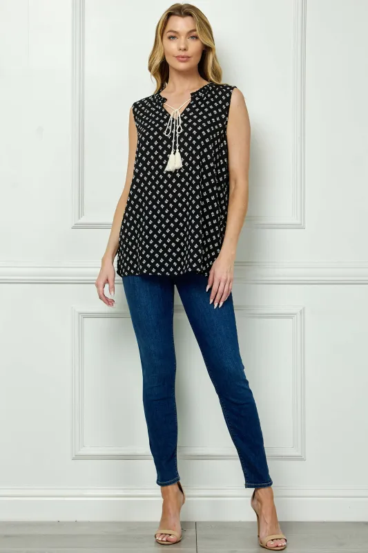 Sleeveless Ruffle Split Neck Tassel Blouse in Black sold by Dress Barn