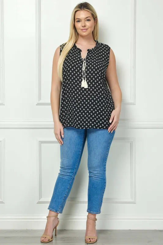 Sleeveless Ruffle Split Neck Tassel Blouse in Black - Plus sold by Dress Barn