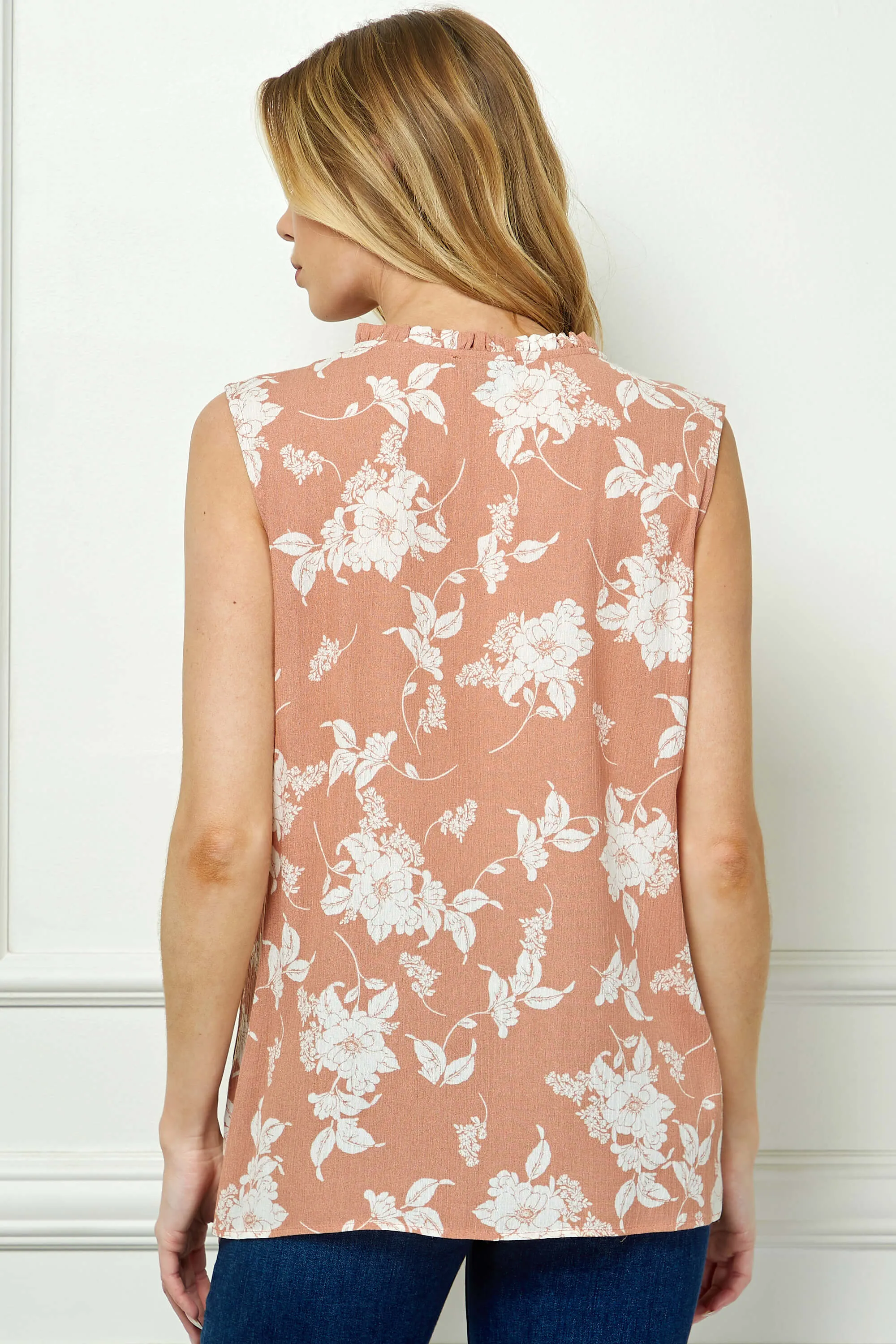 Sleeveless Ruffle Split Neck Tassel Blouse in Coral sold by Dress Barn product image thumbnail 4