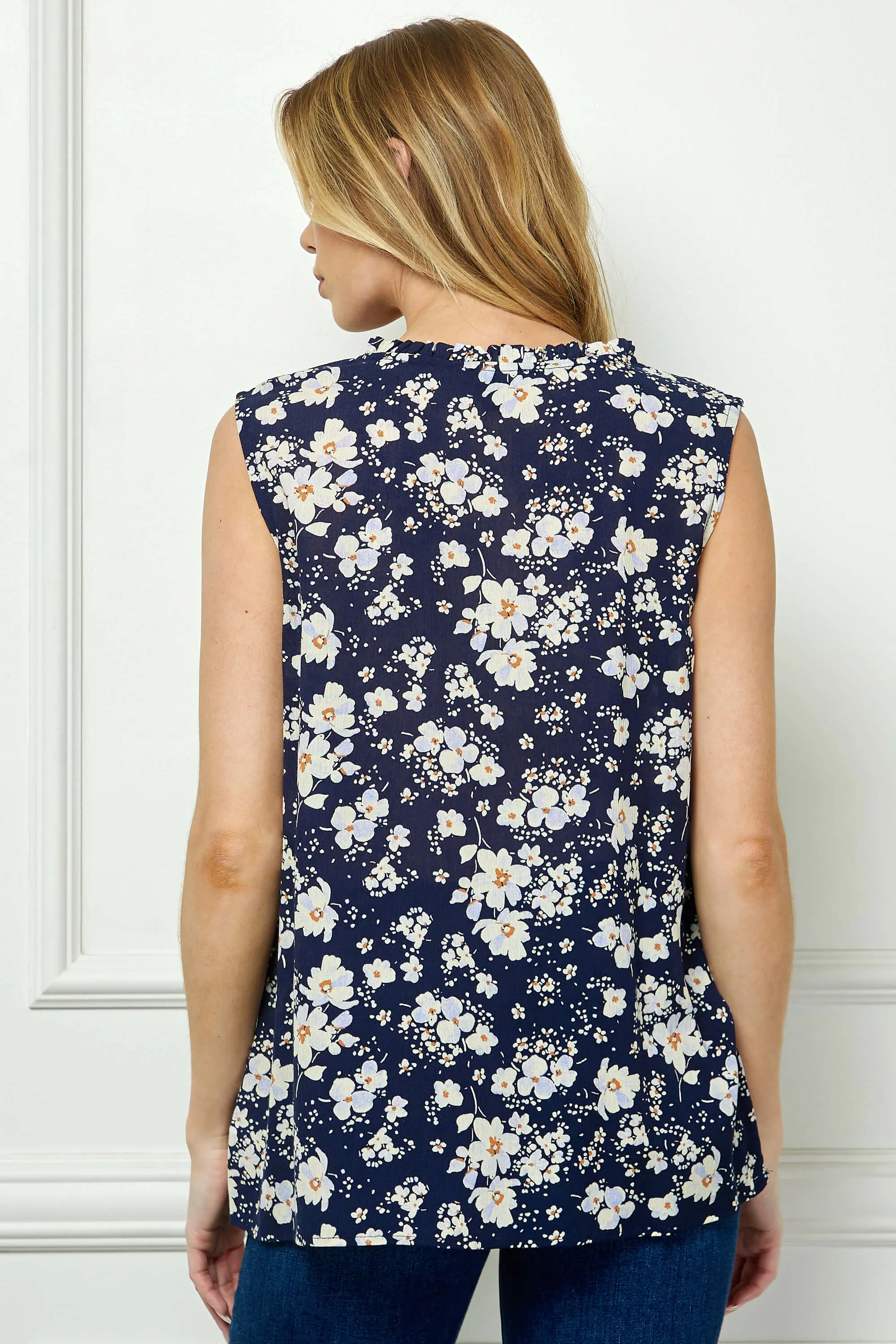 Sleeveless Ruffle Split Neck Tassel Blouse in Navy sold by Dress Barn product image thumbnail 4