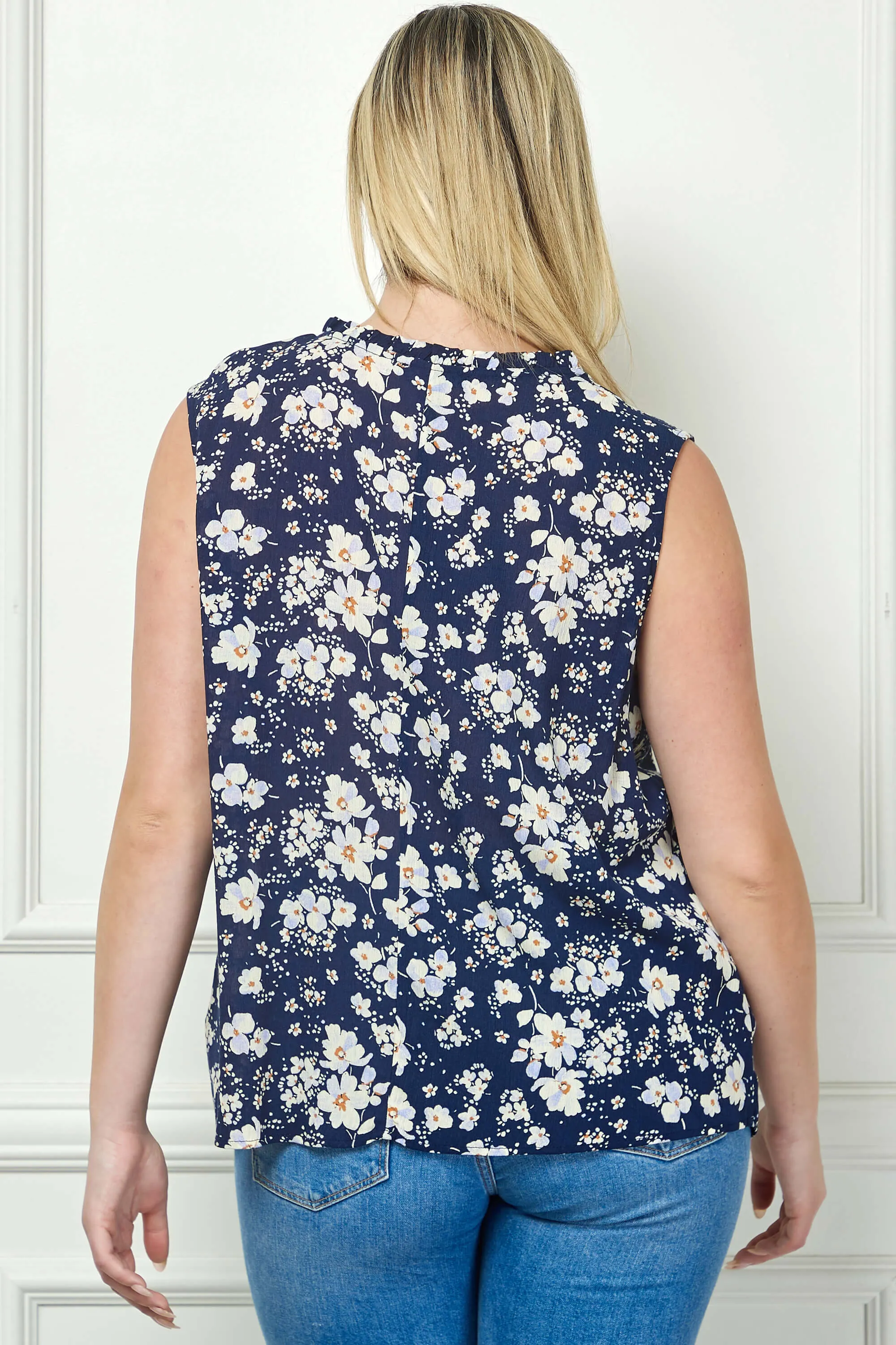 Sleeveless Ruffle Split Neck Tassel Blouse in Navy - Plus sold by Dress Barn product image thumbnail 4