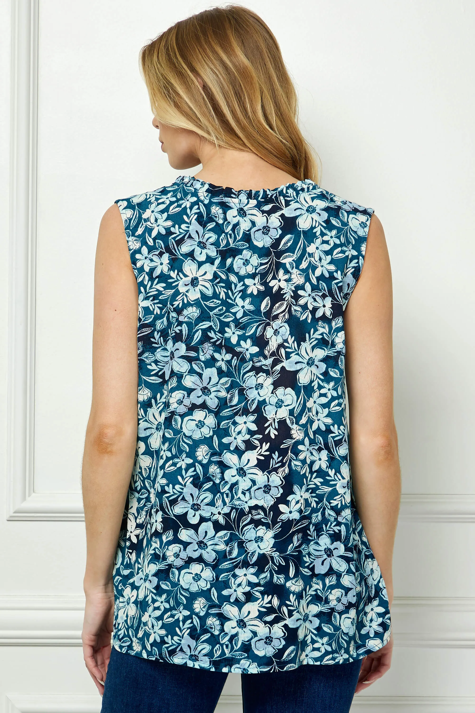 Sleeveless Ruffle Split Neck Tassel Blouse in Navy/Blue sold by Dress Barn product image thumbnail 4