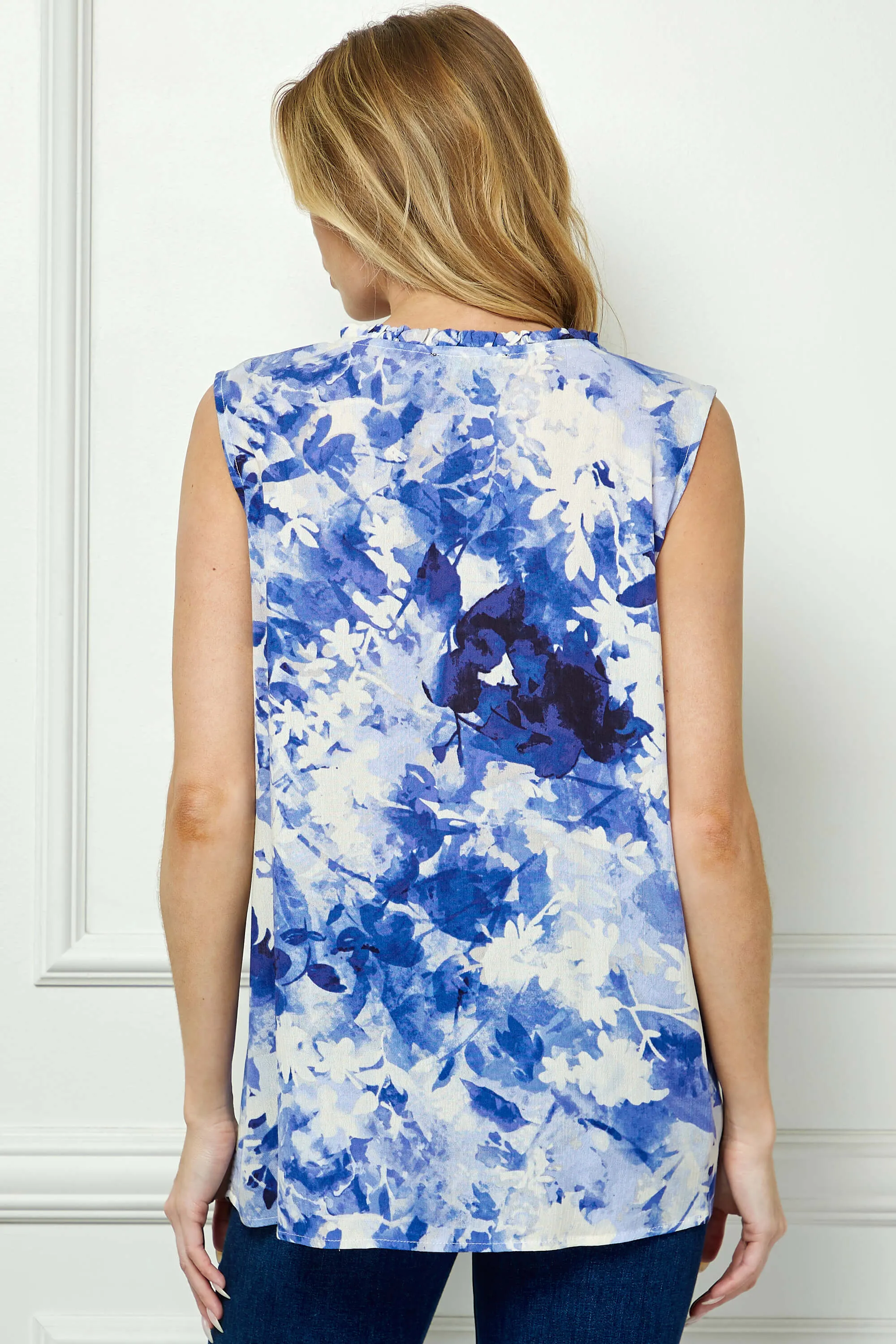 Sleeveless Ruffle Split Neck Tassel Blouse in Tan/Blue sold by Dress Barn product image thumbnail 4