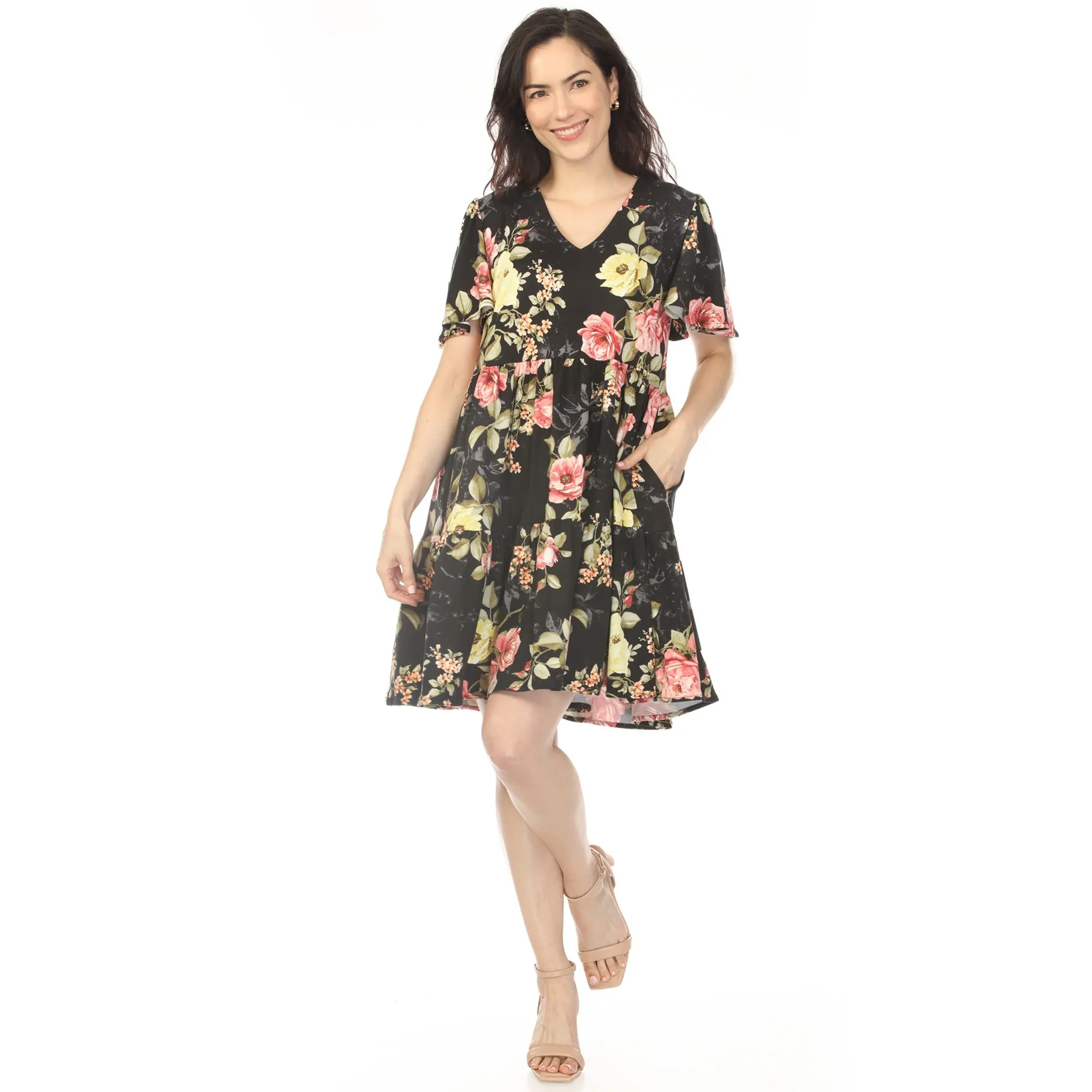 Women's V-Neck Tropical Flower Short Sleeve Dress - Black sold by Dress Barn product image thumbnail 5