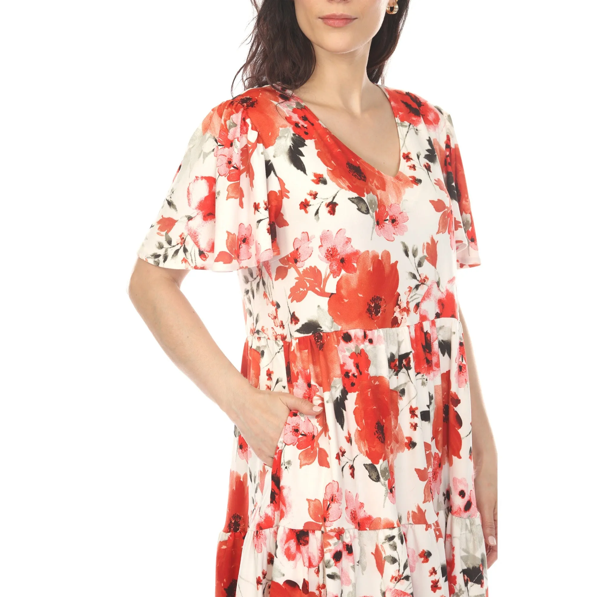 Women's V-Neck Vintage Floral Short Sleeve Dress - Red sold by Dress Barn product image thumbnail 4