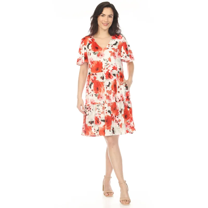 Women's V-Neck Vintage Floral Short Sleeve Dress - Red made by Dress Barn