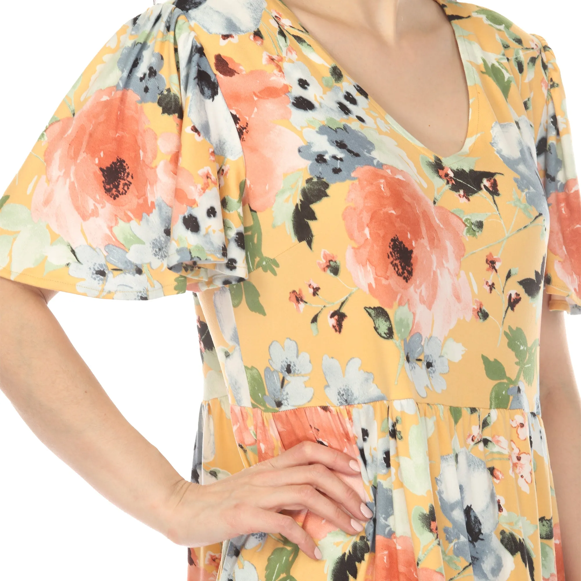 Women's V-Neck Vintage Floral Short Sleeve Dress - Yellow sold by Dress Barn product image thumbnail 4