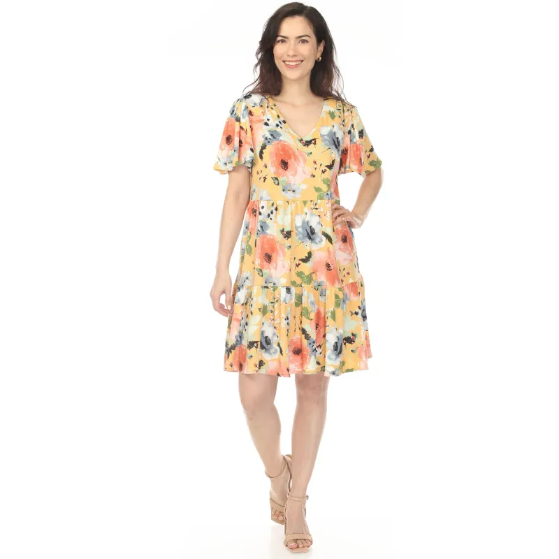 Women's V-Neck Vintage Floral Short Sleeve Dress - Yellow made by Dress Barn