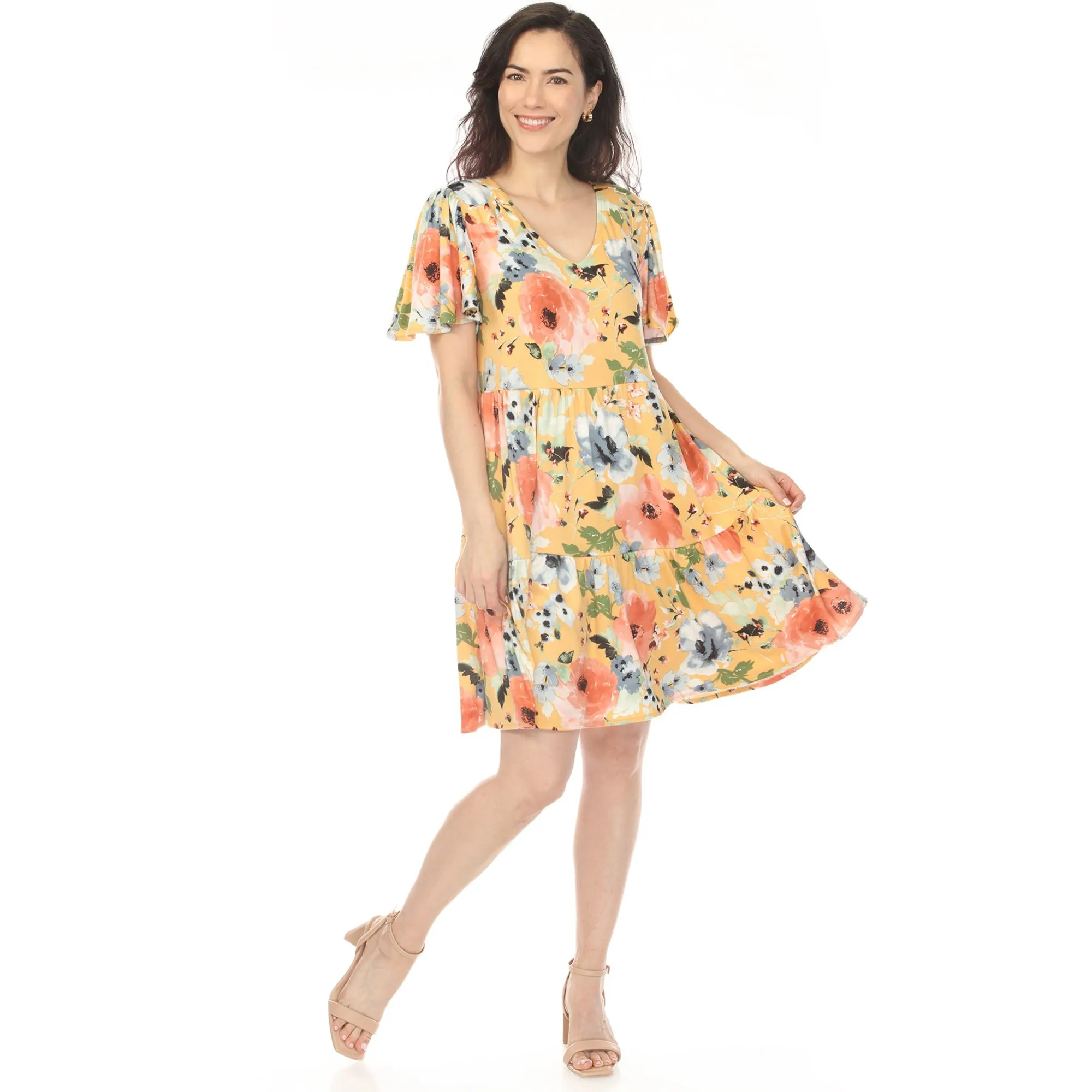 Women's V-Neck Vintage Floral Short Sleeve Dress - Yellow sold by Dress Barn product image thumbnail 5