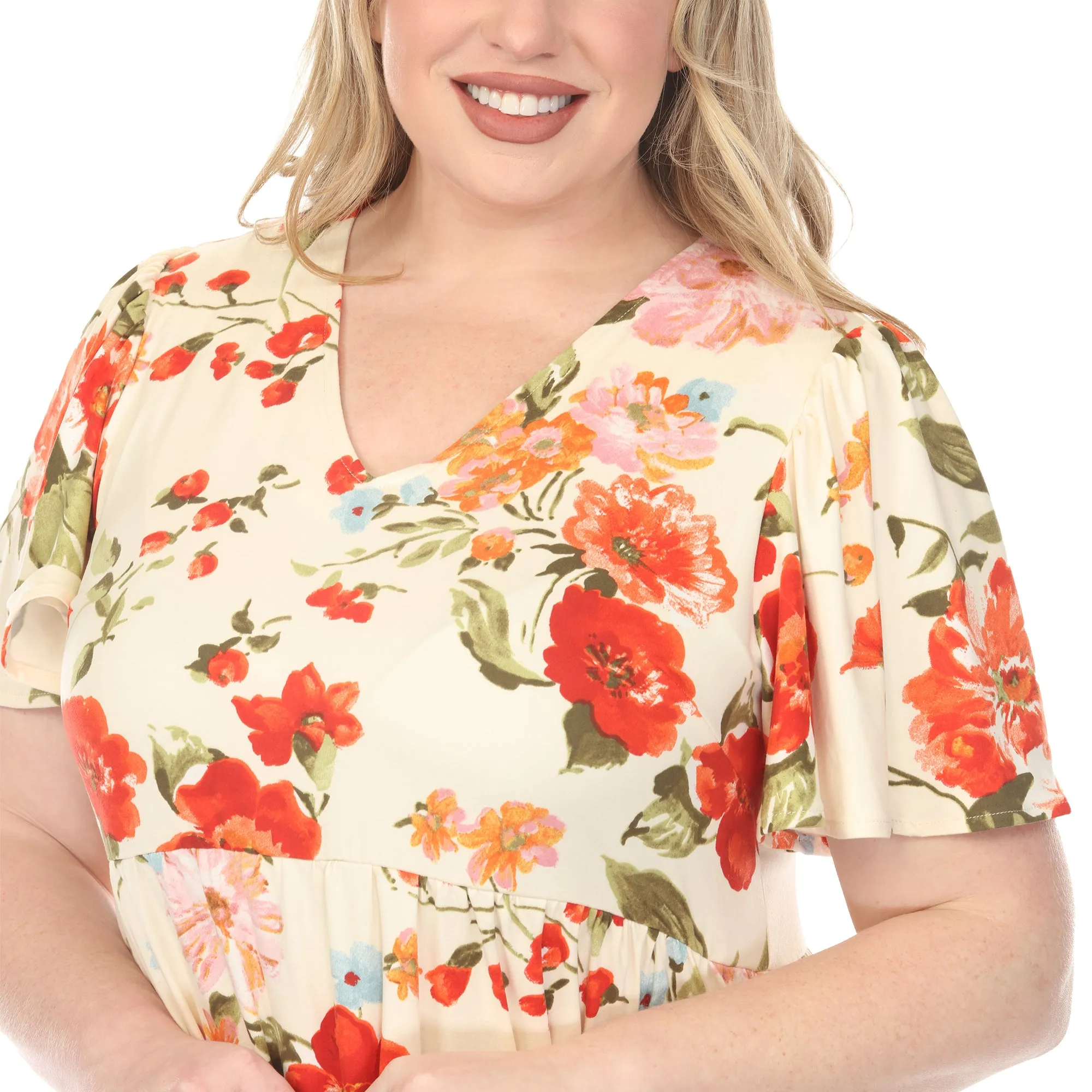 Women's V-Neck Tropical Flower Short Sleeve Dress - Ivory - Plus sold by Dress Barn product image thumbnail 4