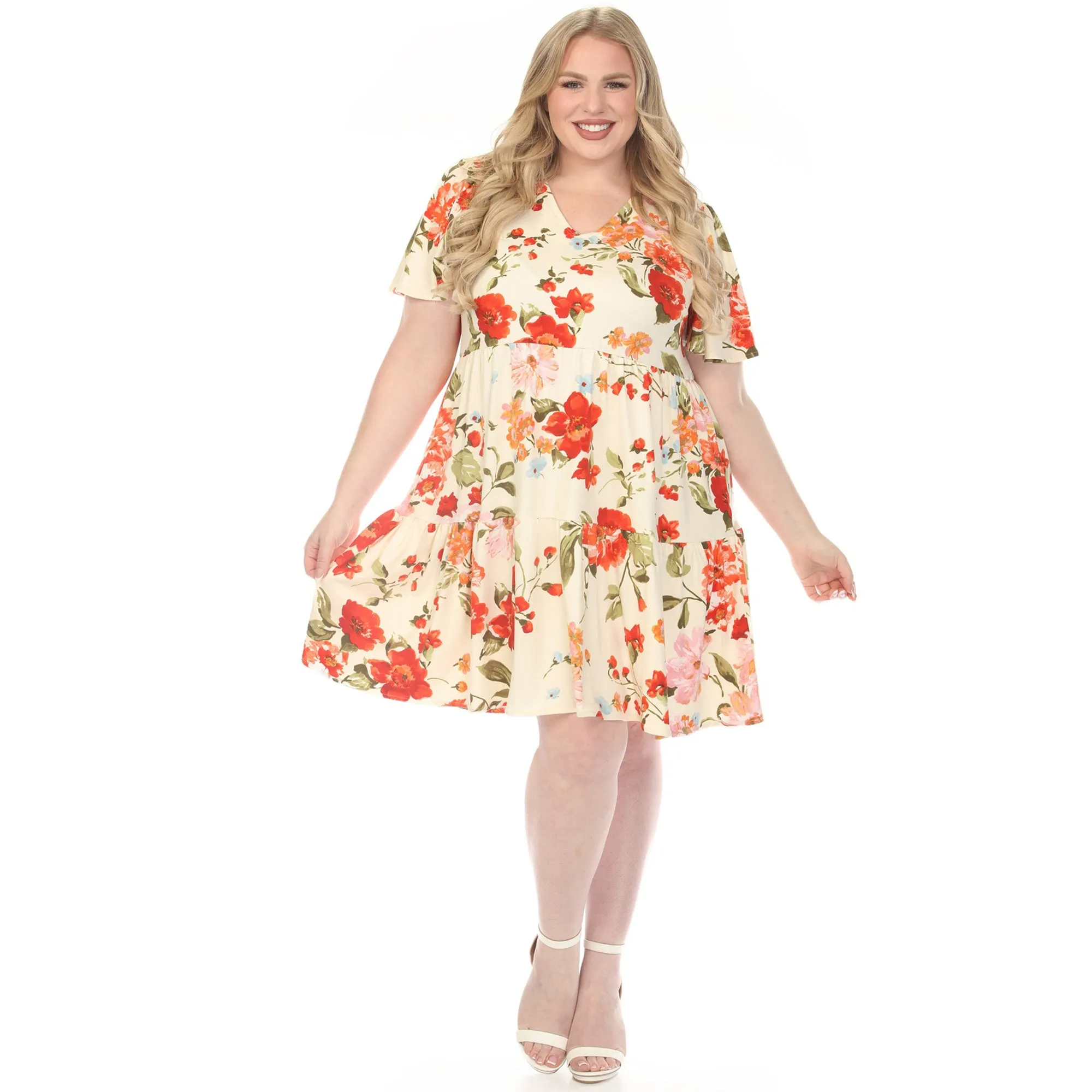 Women's V-Neck Tropical Flower Short Sleeve Dress - Ivory - Plus sold by Dress Barn product image thumbnail 5