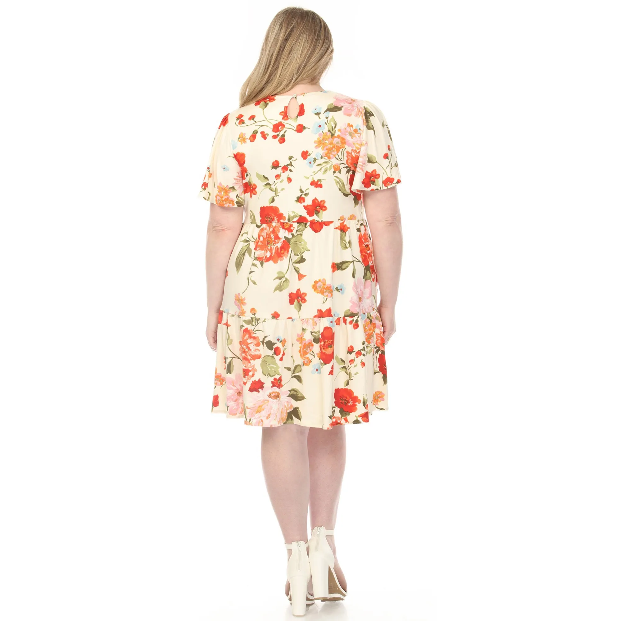 Women's V-Neck Tropical Flower Short Sleeve Dress - Ivory - Plus sold by Dress Barn product image thumbnail 3