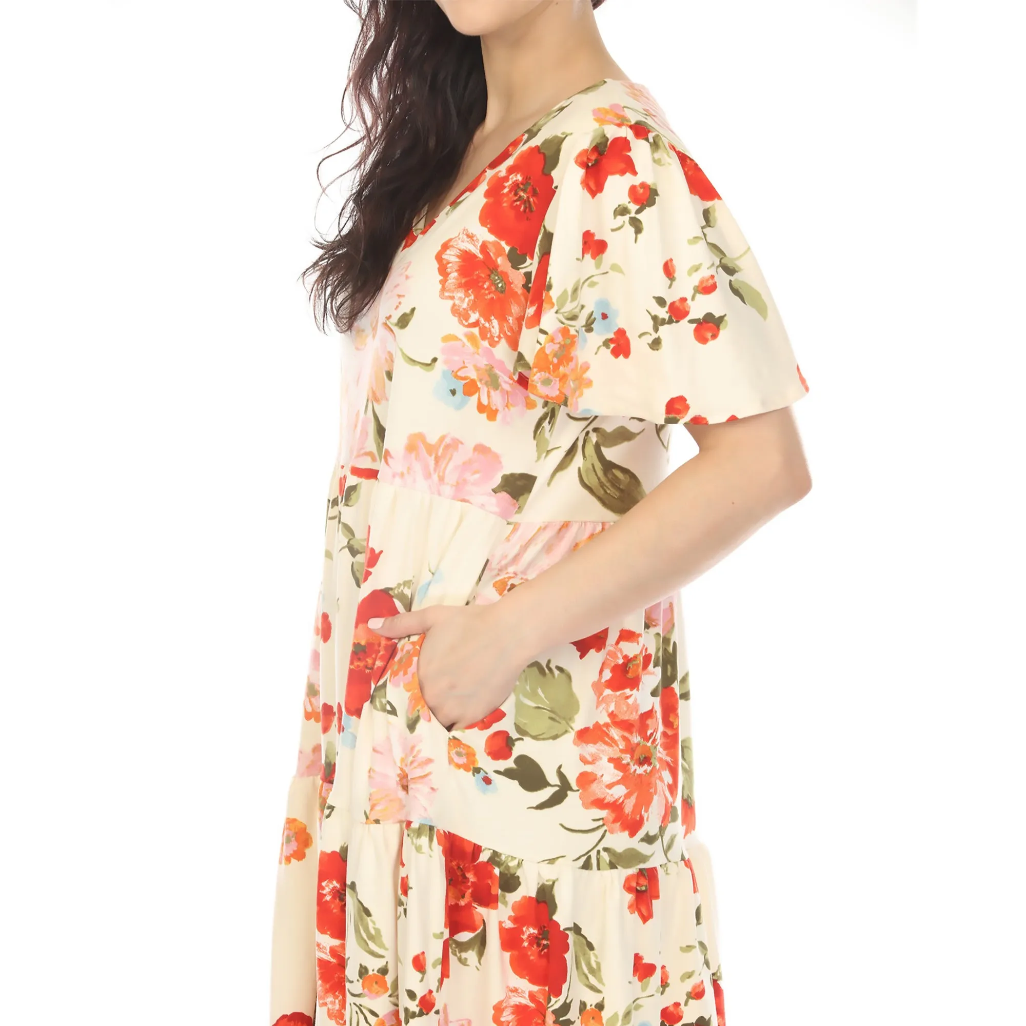 Women's V-Neck Tropical Flower Short Sleeve Dress - Ivory sold by Dress Barn product image thumbnail 4
