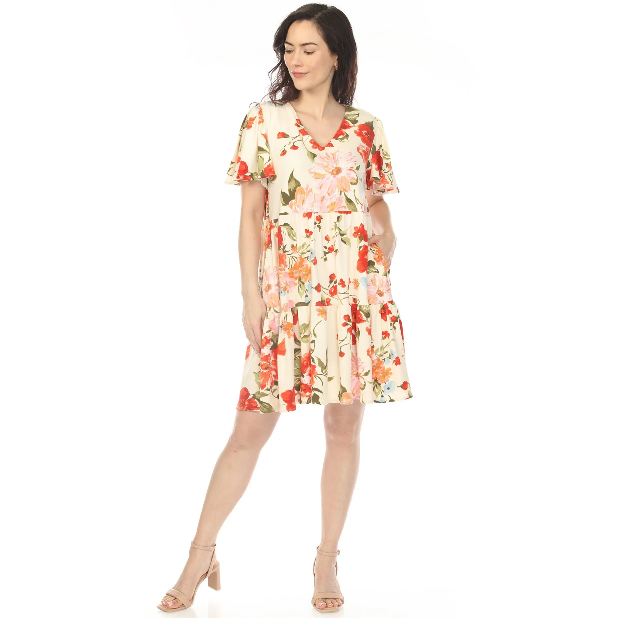 Women's V-Neck Tropical Flower Short Sleeve Dress - Ivory sold by Dress Barn product image thumbnail 5