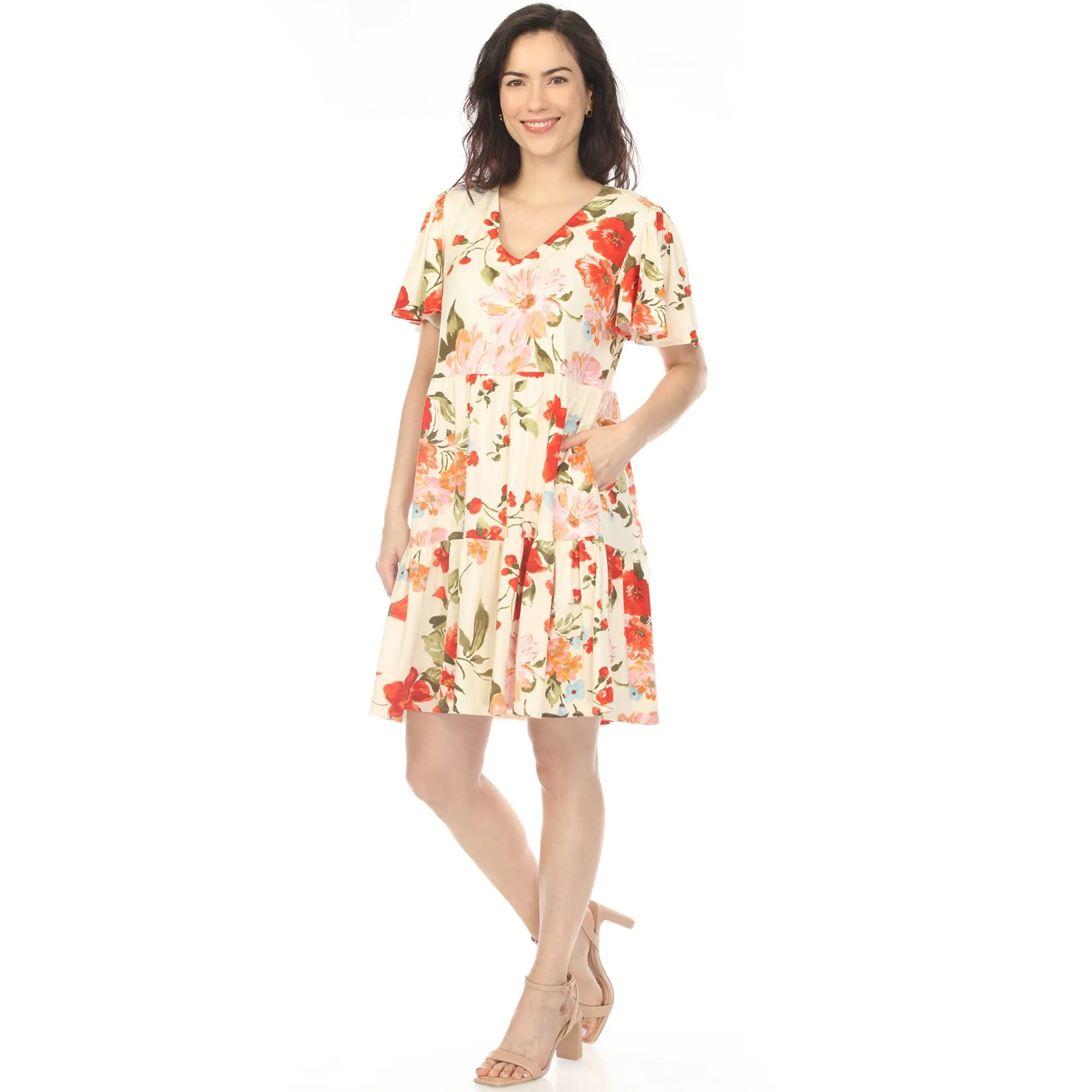 Women's V-Neck Tropical Flower Short Sleeve Dress - Ivory sold by Dress Barn product image thumbnail 2