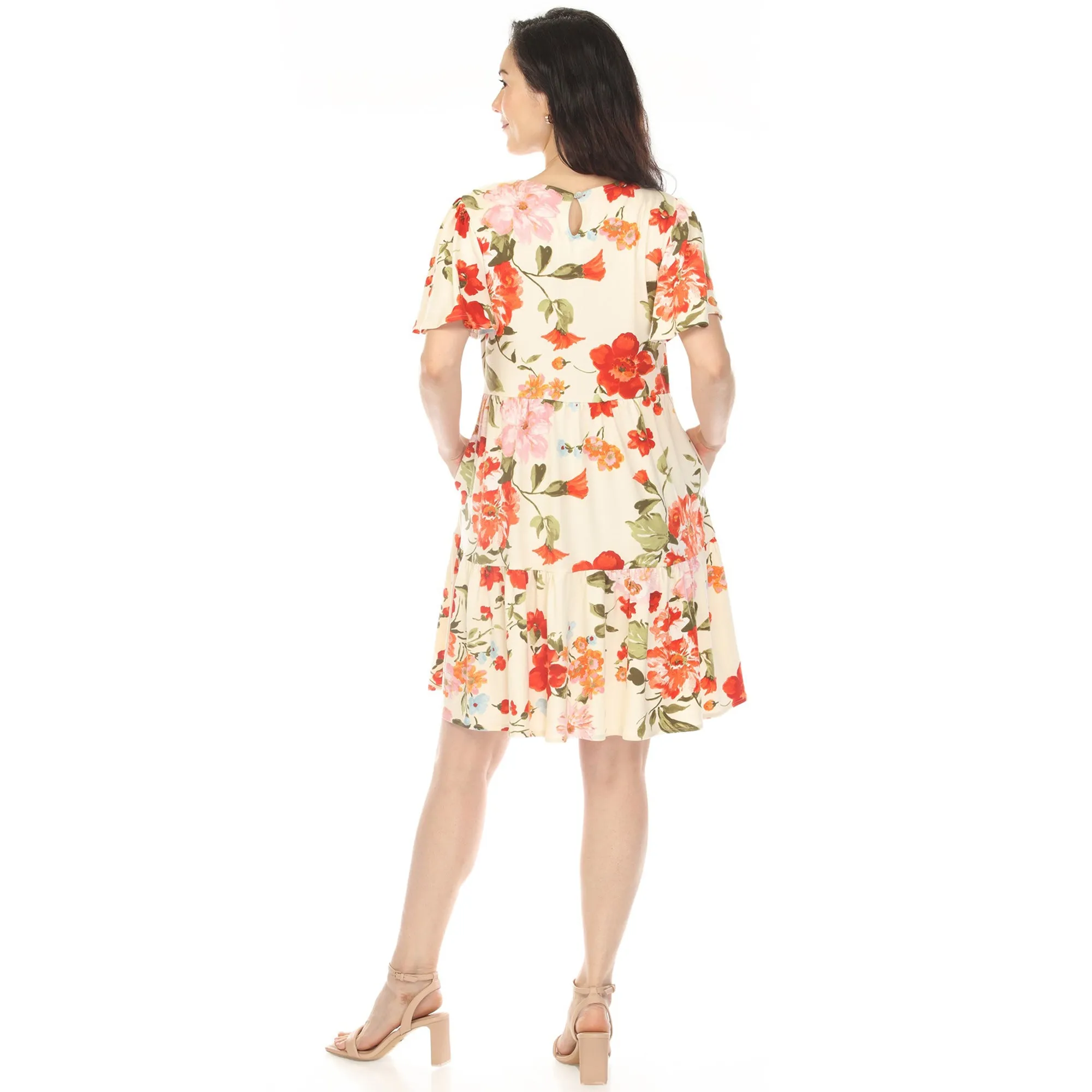 Women's V-Neck Tropical Flower Short Sleeve Dress - Ivory sold by Dress Barn product image thumbnail 3