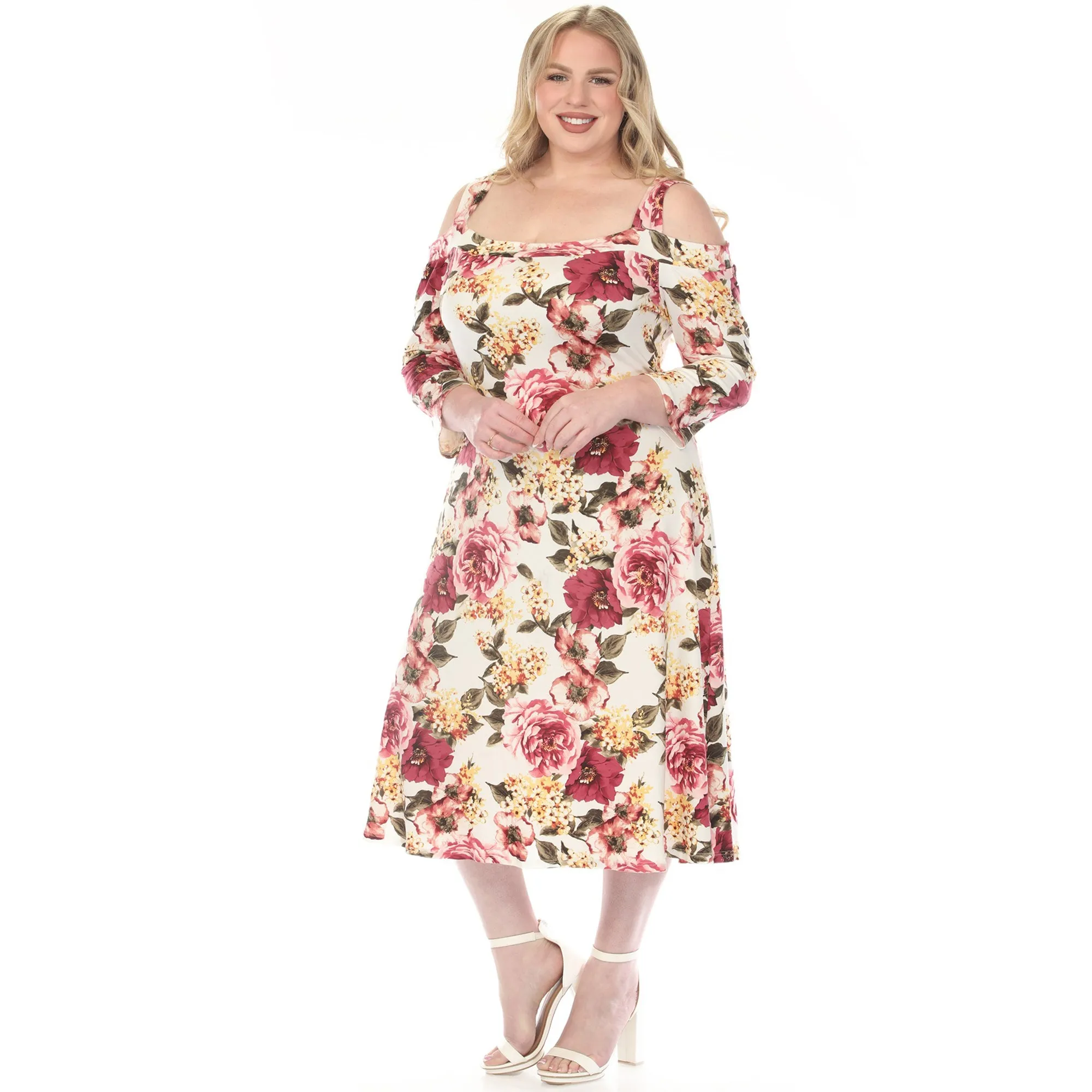 Women's Cold Shoulder 3/4 Sleeve Dress - Ivory Mauve - Plus sold by Dress Barn product image thumbnail 5