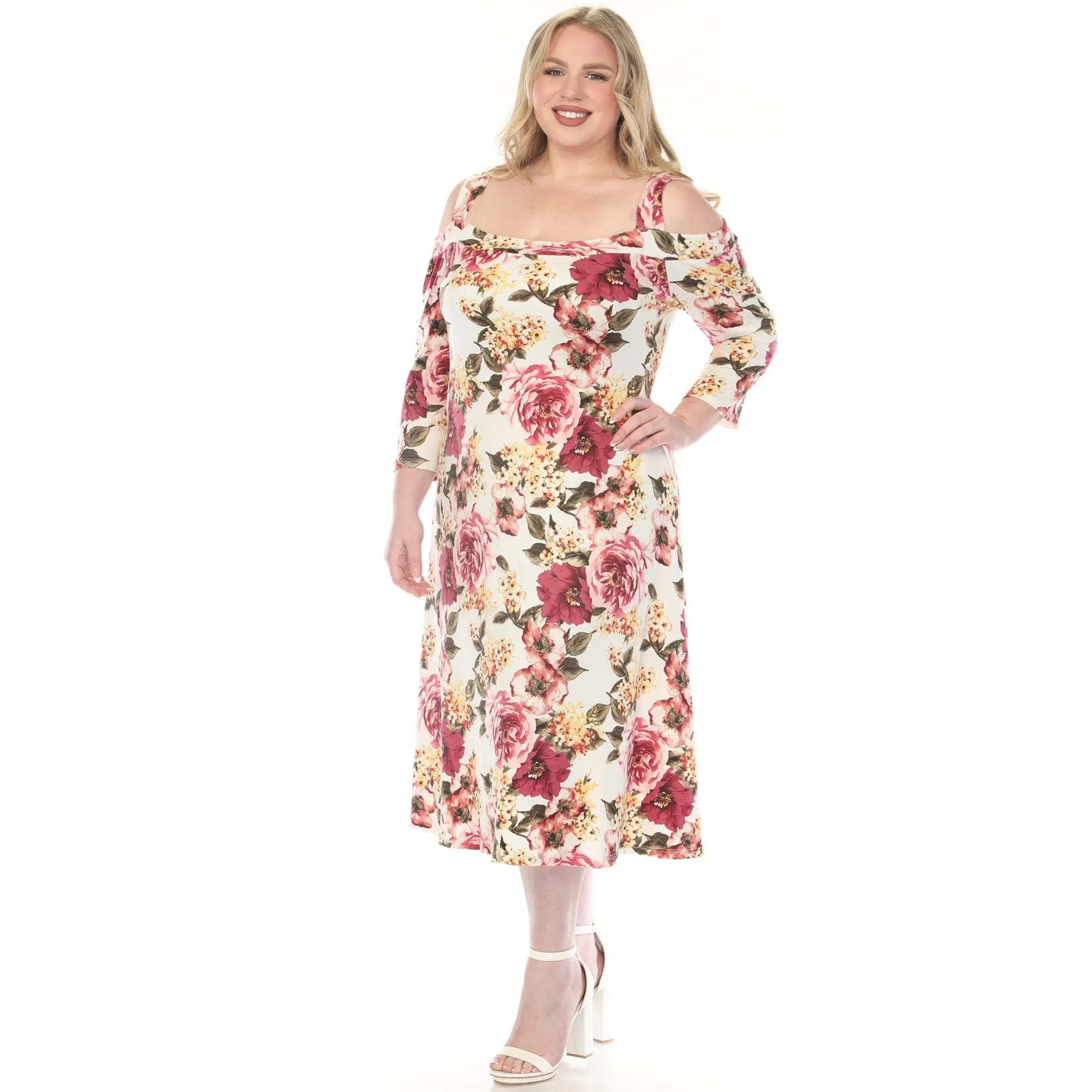 Women's Cold Shoulder 3/4 Sleeve Dress - Ivory Mauve - Plus sold by Dress Barn product image thumbnail 2