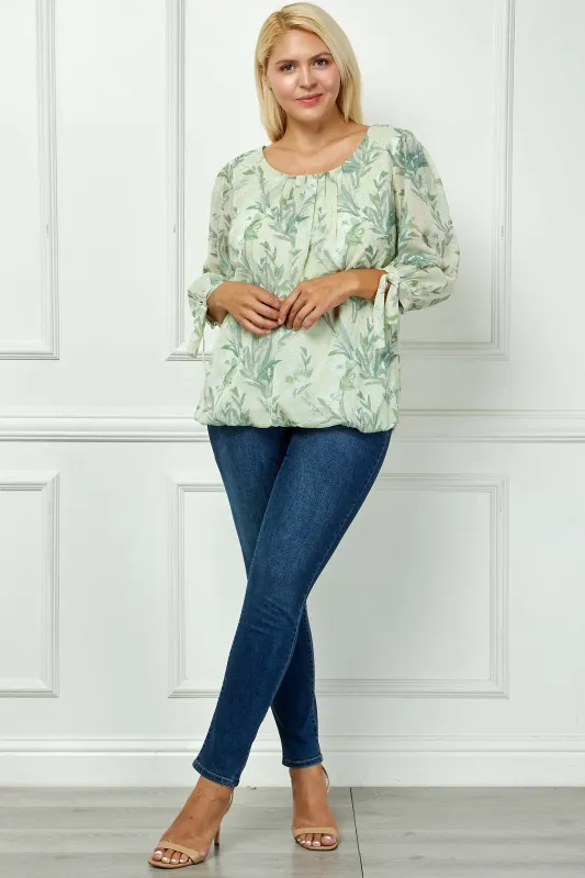 3/4 Tie Sleeve Pleat Neck Studded Bubble Blouse in Green Leaves - Plus sold by Dress Barn