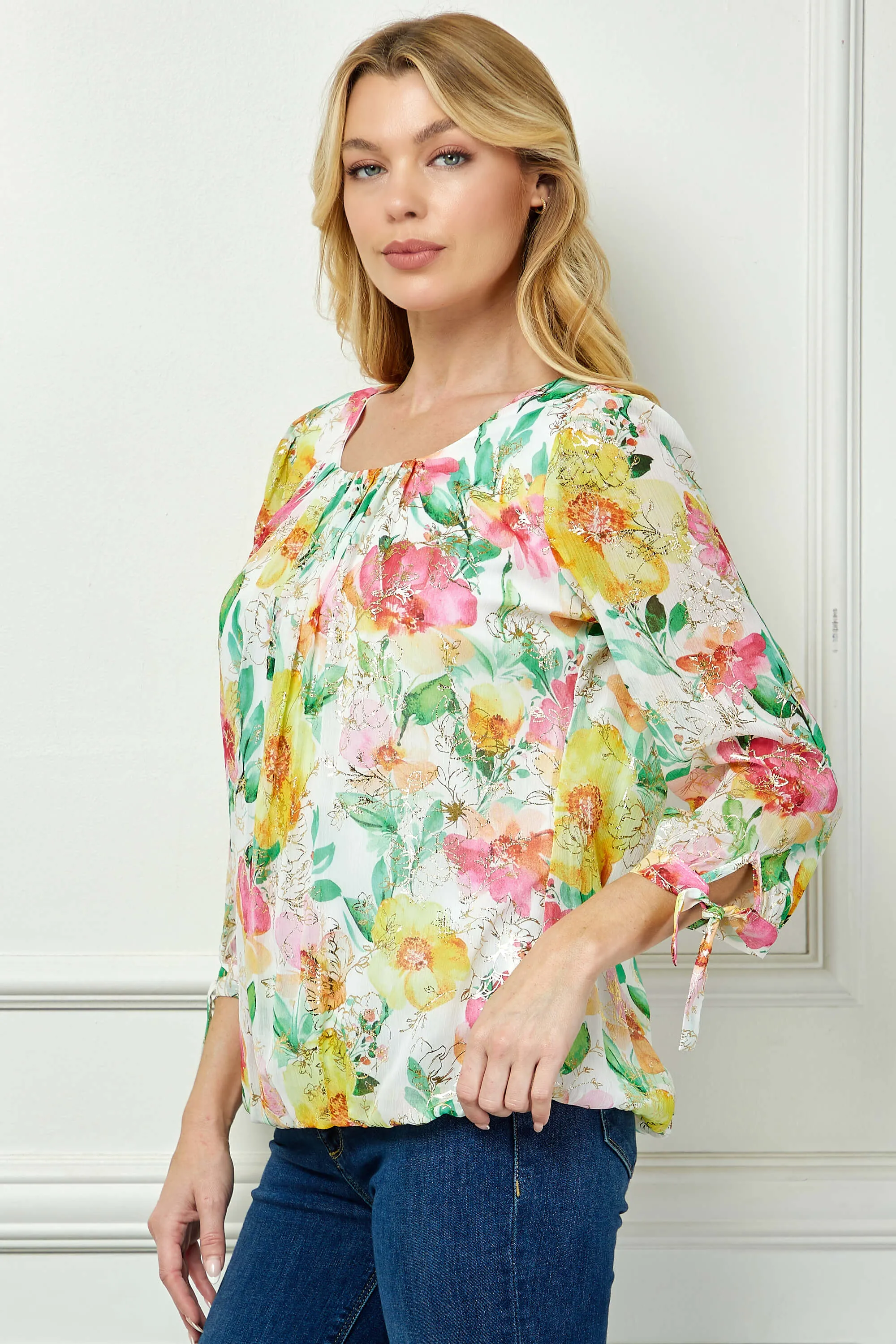 3/4 Tie Sleeve Pleat Neck Floral Foil Bubble Blouse in White/Pink/Green Multi sold by Dress Barn product image thumbnail 3