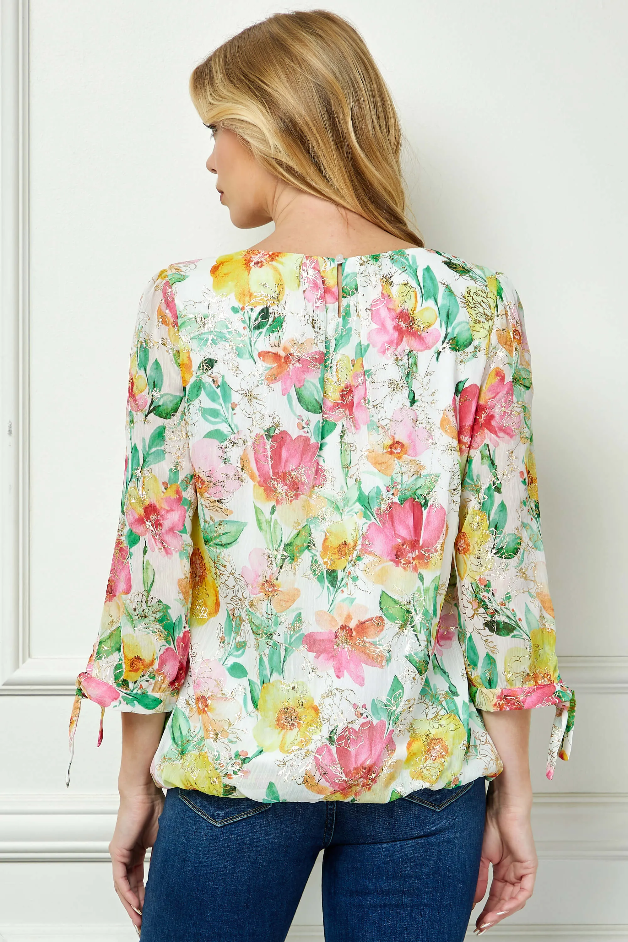 3/4 Tie Sleeve Pleat Neck Floral Foil Bubble Blouse in White/Pink/Green Multi sold by Dress Barn product image thumbnail 4