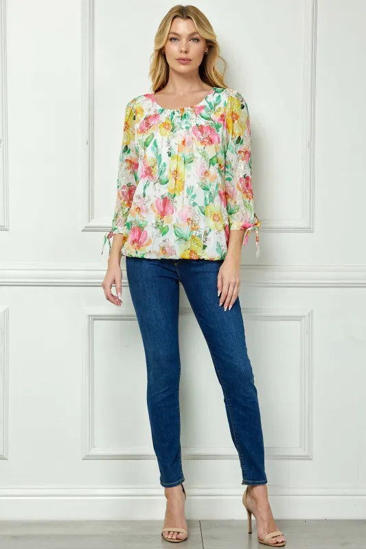 3/4 Tie Sleeve Pleat Neck Floral Foil Bubble Blouse in White/Pink/Green Multi made by Dress Barn