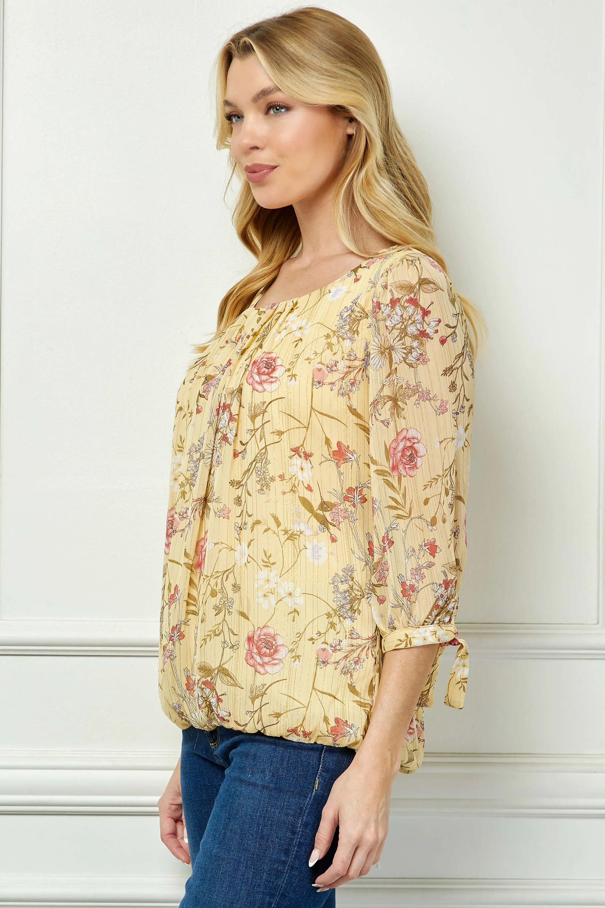 3/4 Tie Sleeve Pleat Neck Studded Bubble Blouse in Yellow Floral sold by Dress Barn product image thumbnail 3