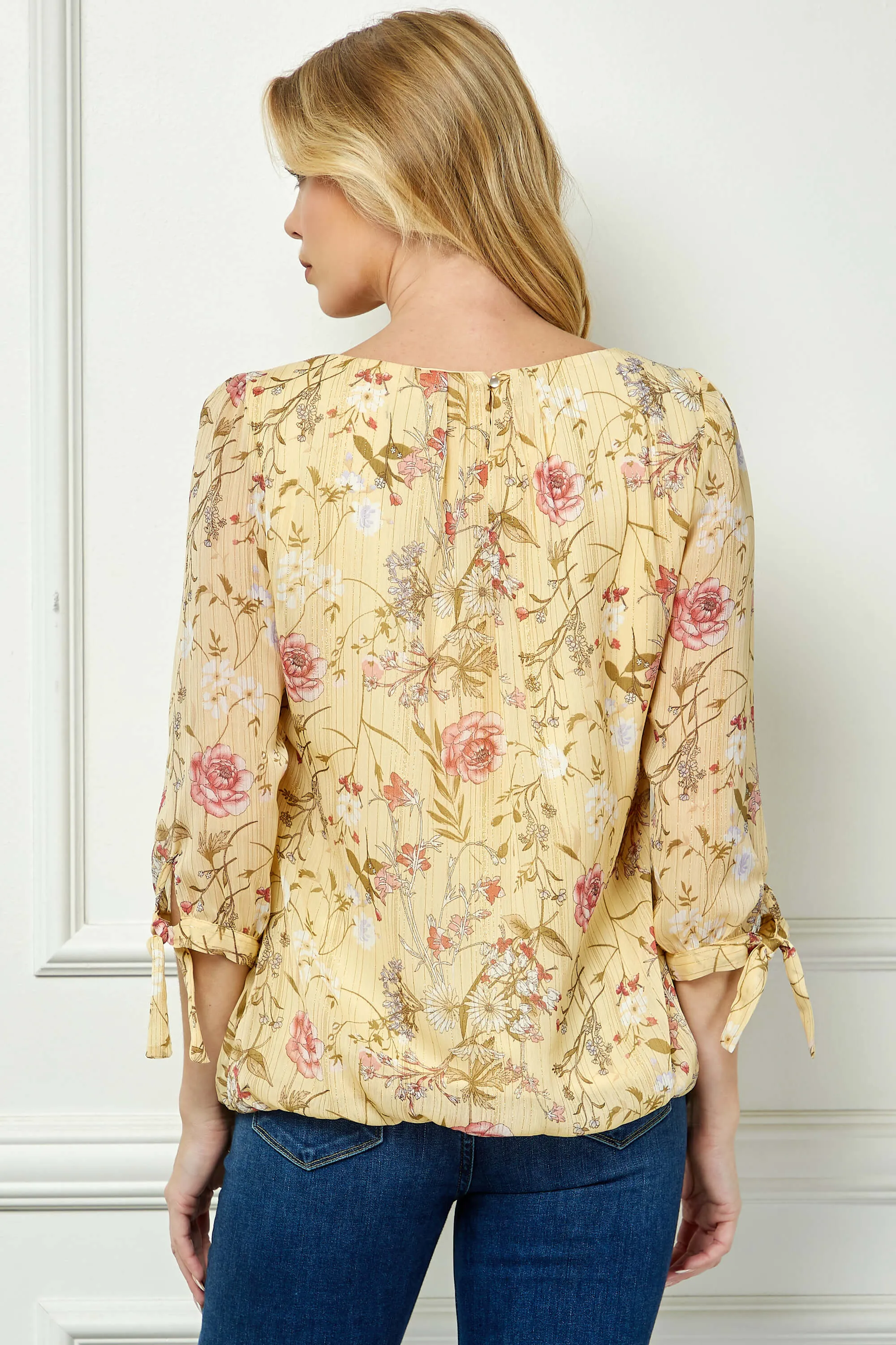 3/4 Tie Sleeve Pleat Neck Studded Bubble Blouse in Yellow Floral sold by Dress Barn product image thumbnail 4