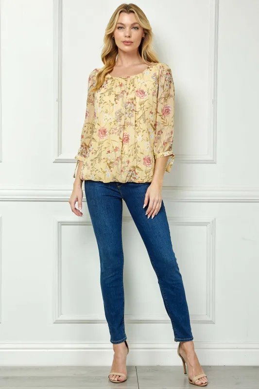 3/4 Tie Sleeve Pleat Neck Studded Bubble Blouse in Yellow Floral made by Dress Barn