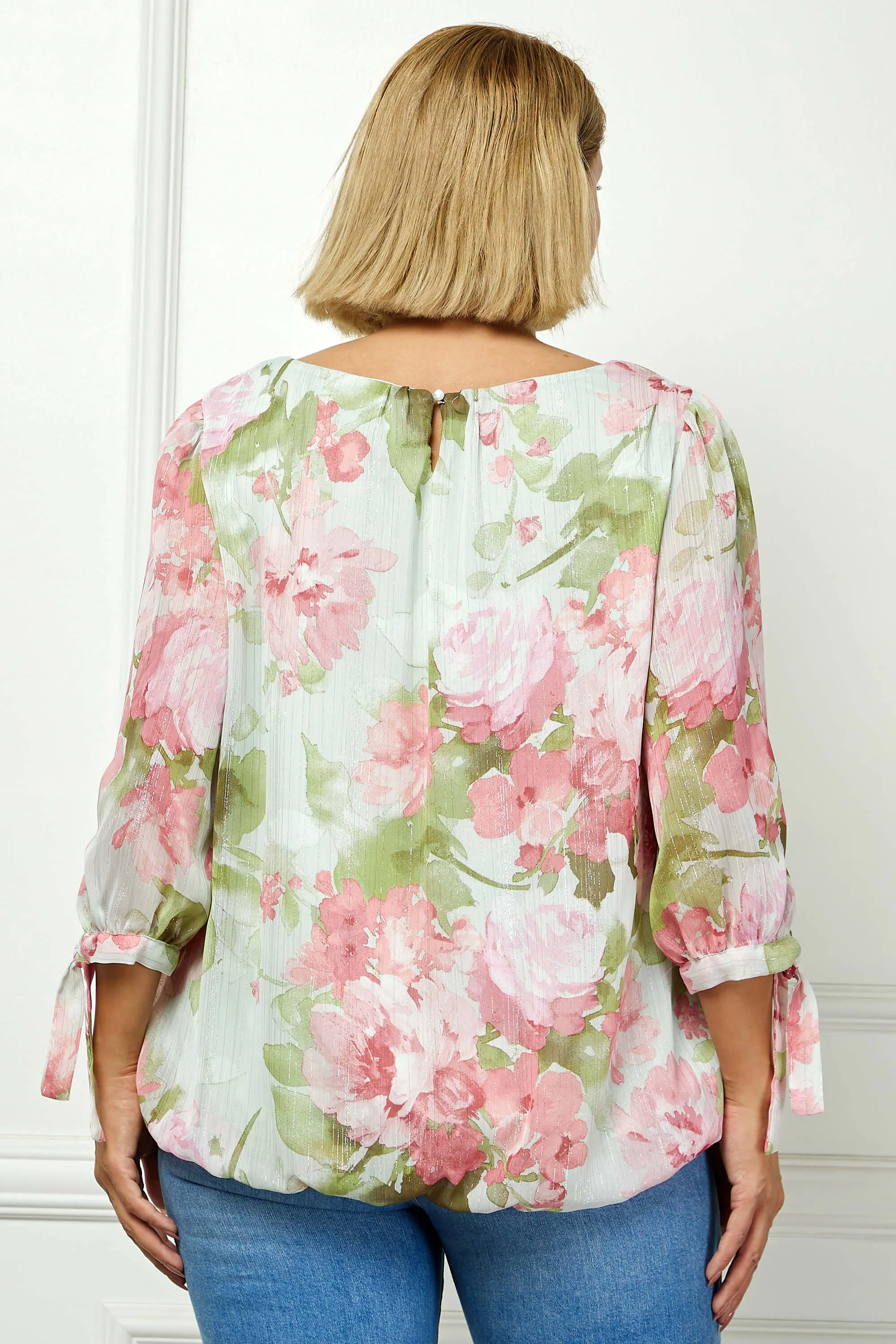 3/4 Tie Sleeve Pleat Neck Studded Bubble Blouse in Sage Watercolor - Plus sold by Dress Barn product image thumbnail 4