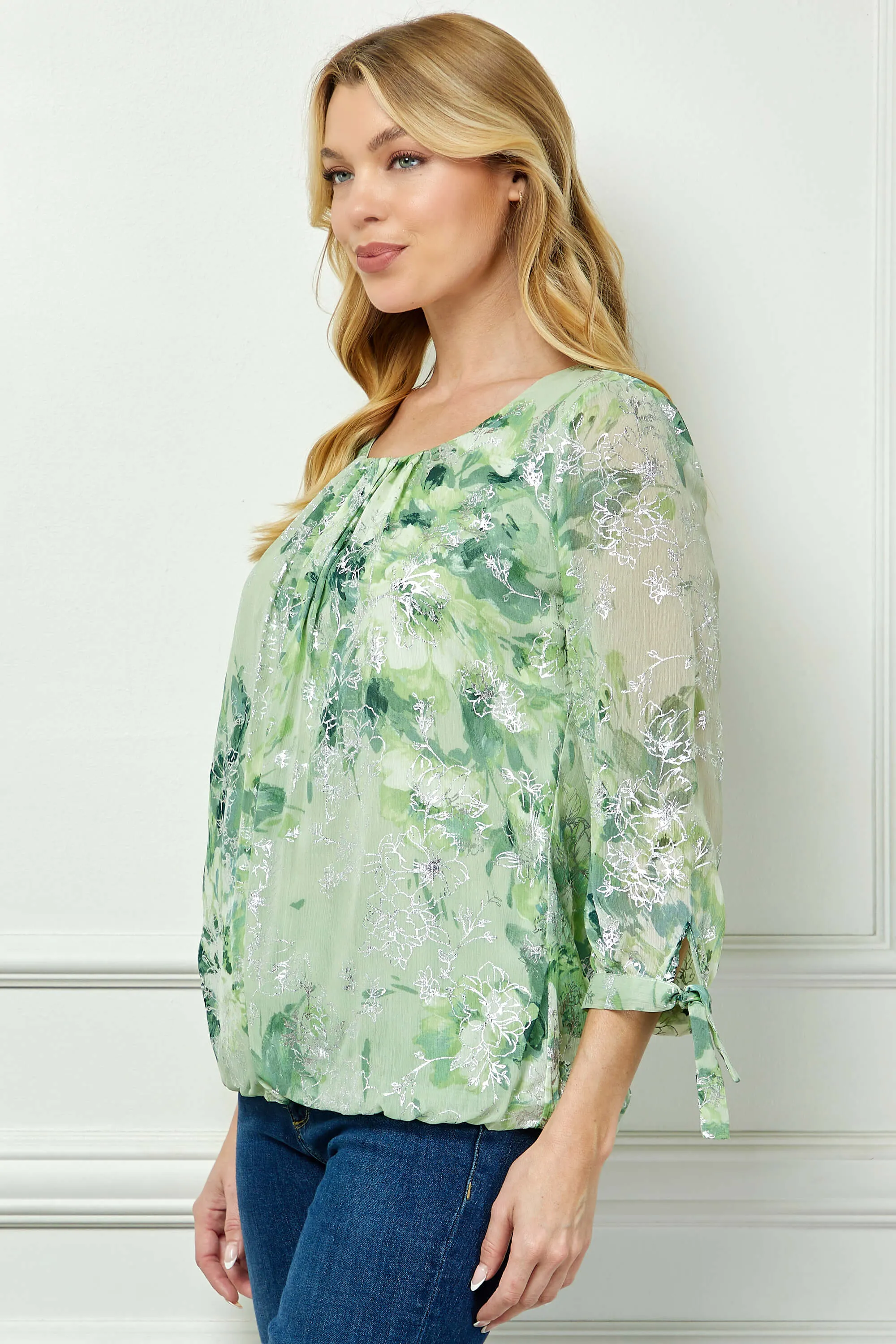 3/4 Tie Sleeve Pleat Neck Floral Foil Bubble Blouse in Sage/Cream Watercolor sold by Dress Barn product image thumbnail 3