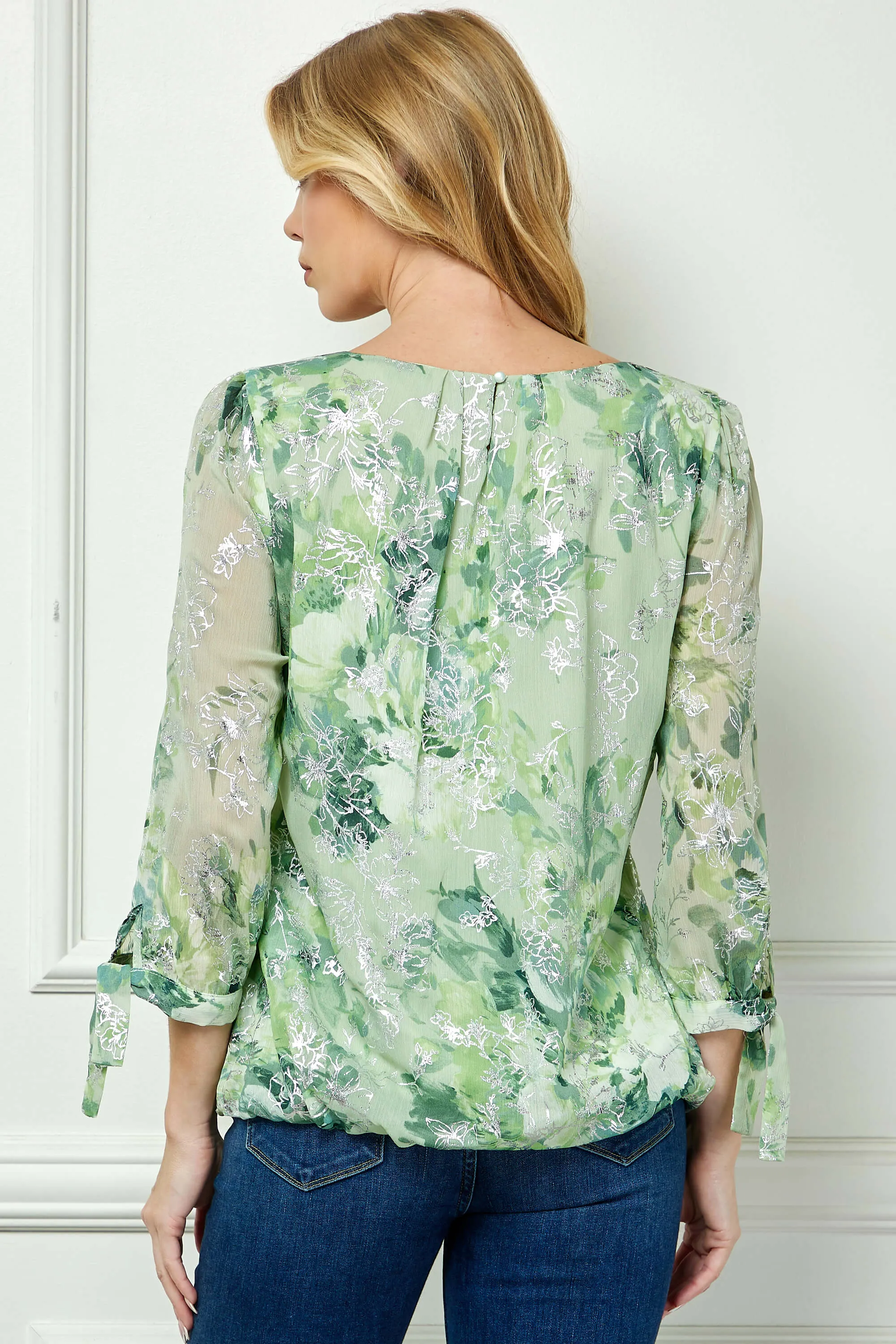 3/4 Tie Sleeve Pleat Neck Floral Foil Bubble Blouse in Sage/Cream Watercolor sold by Dress Barn product image thumbnail 4
