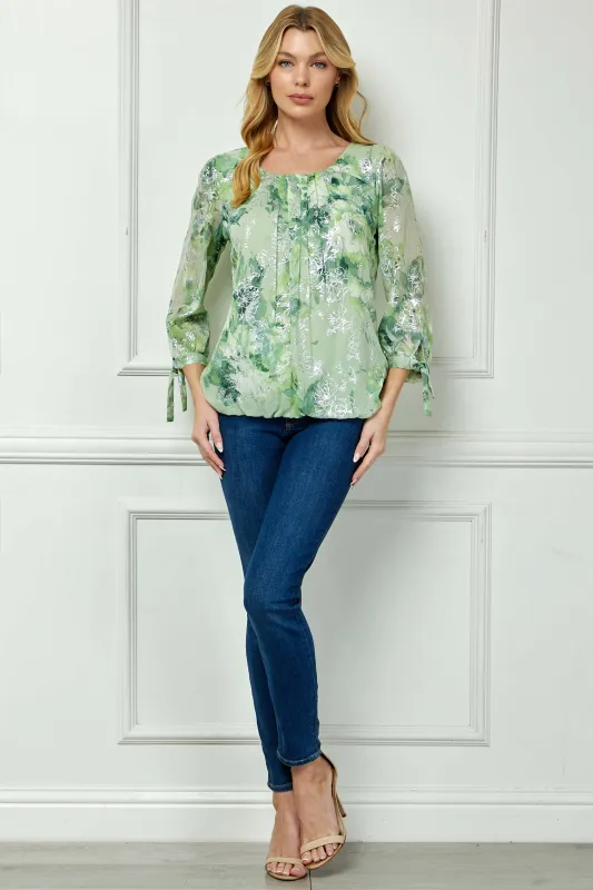 3/4 Tie Sleeve Pleat Neck Floral Foil Bubble Blouse in Sage/Cream Watercolor made by Dress Barn