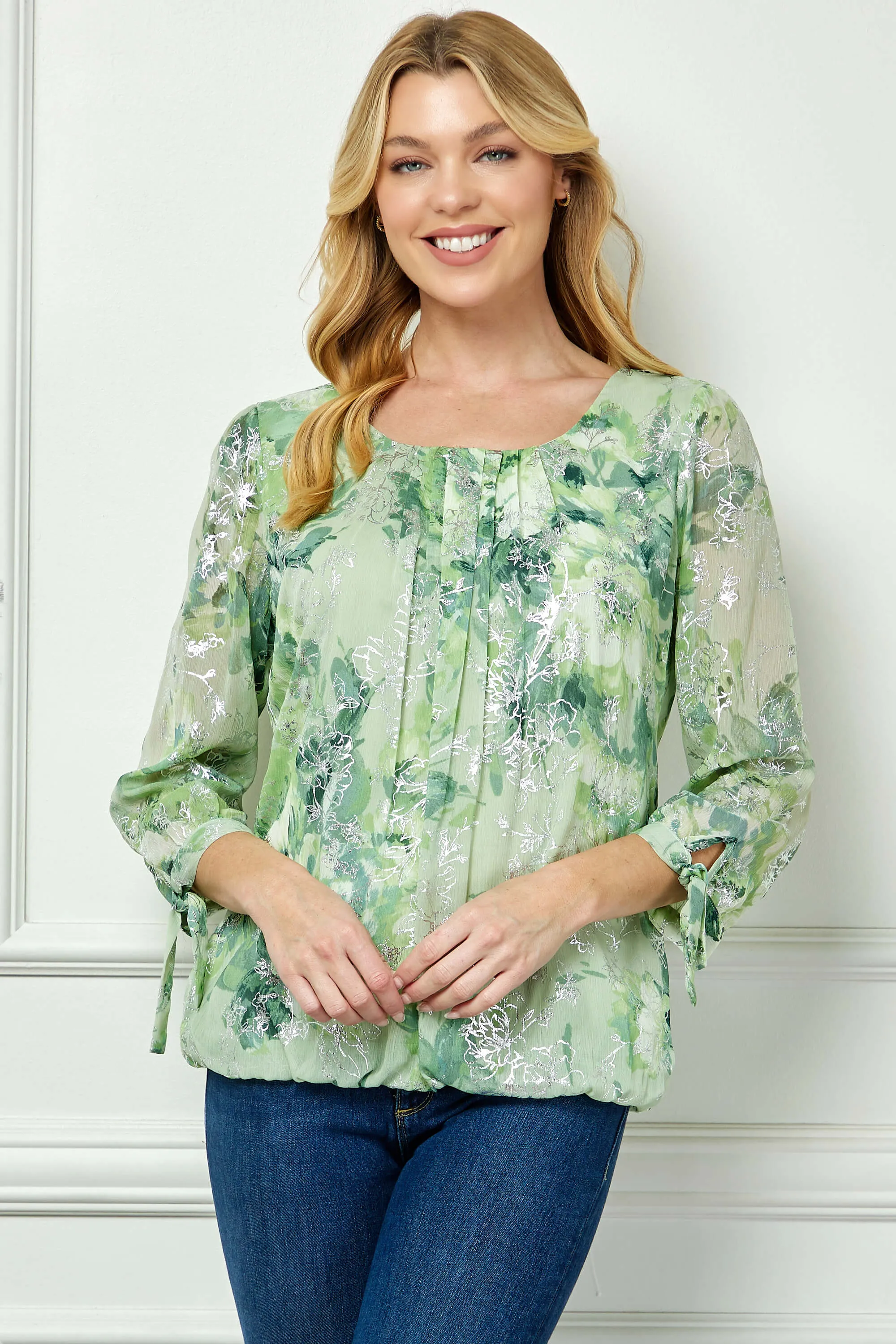 3/4 Tie Sleeve Pleat Neck Floral Foil Bubble Blouse in Sage/Cream Watercolor sold by Dress Barn product image thumbnail 2