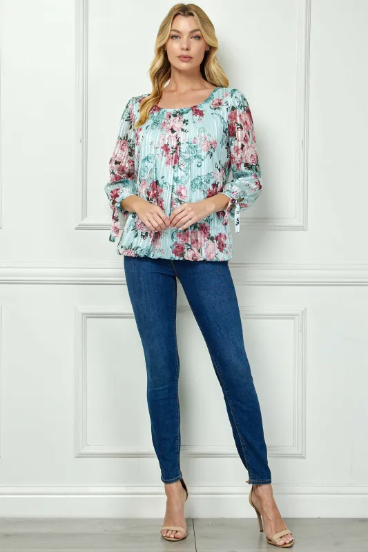 3/4 Tie Sleeve Pleat Neck Bubble Blouse in Mint Roses sold by Dress Barn