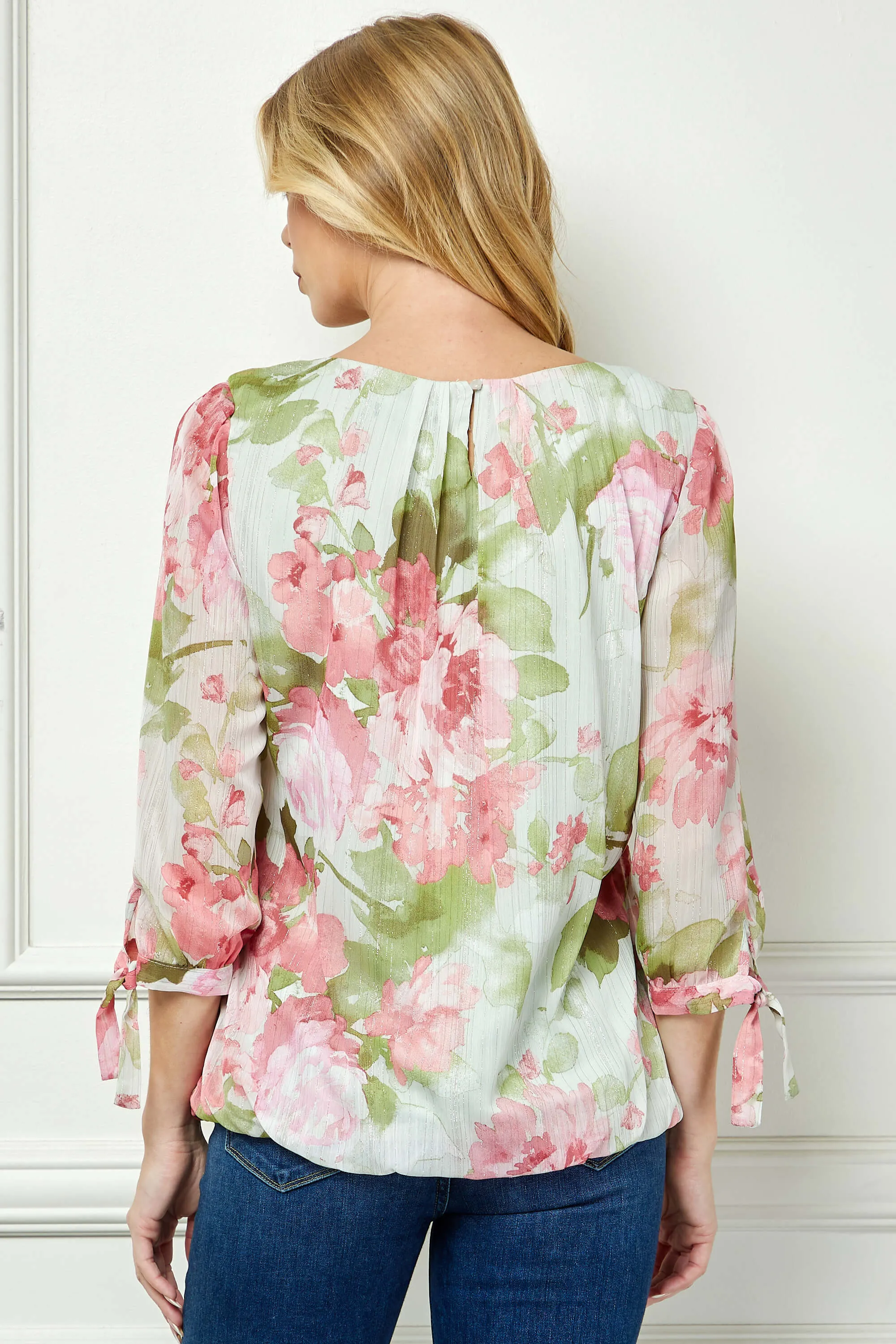 3/4 Tie Sleeve Pleat Neck Studded Bubble Blouse in Sage Watercolor sold by Dress Barn product image thumbnail 4