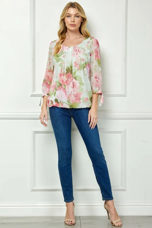 3/4 Tie Sleeve Pleat Neck Studded Bubble Blouse in Sage Watercolor sold by Dress Barn