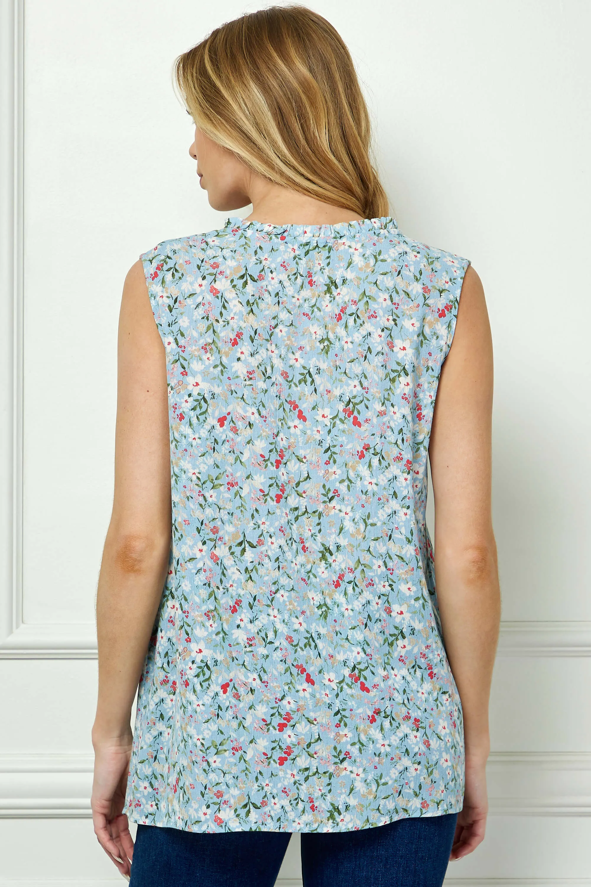 Sleeveless Ruffle Neck Tassel Blouse in Blue sold by Dress Barn product image thumbnail 4