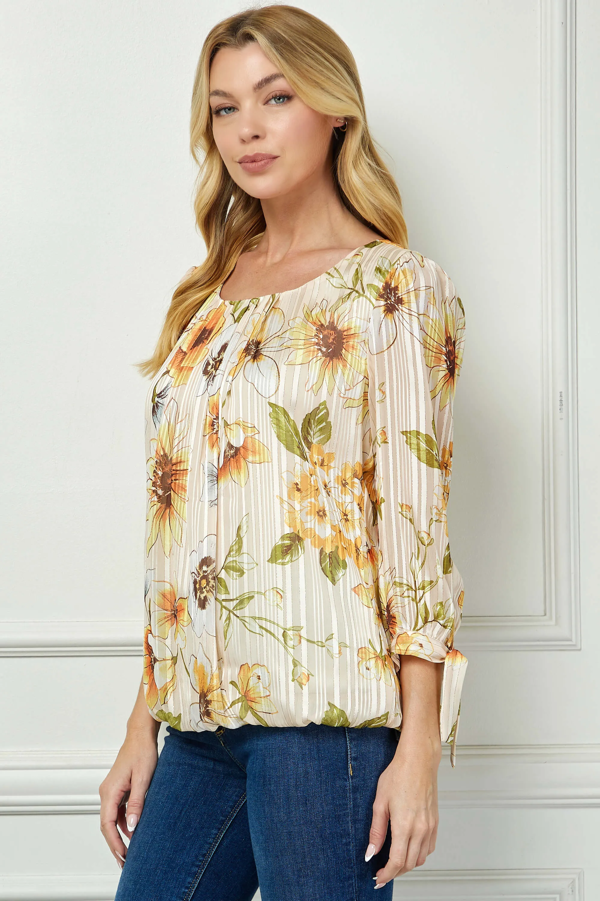 3/4 Tie Sleeve Pleat Neck Bubble Blouse in Yellow Pansy sold by Dress Barn product image thumbnail 3