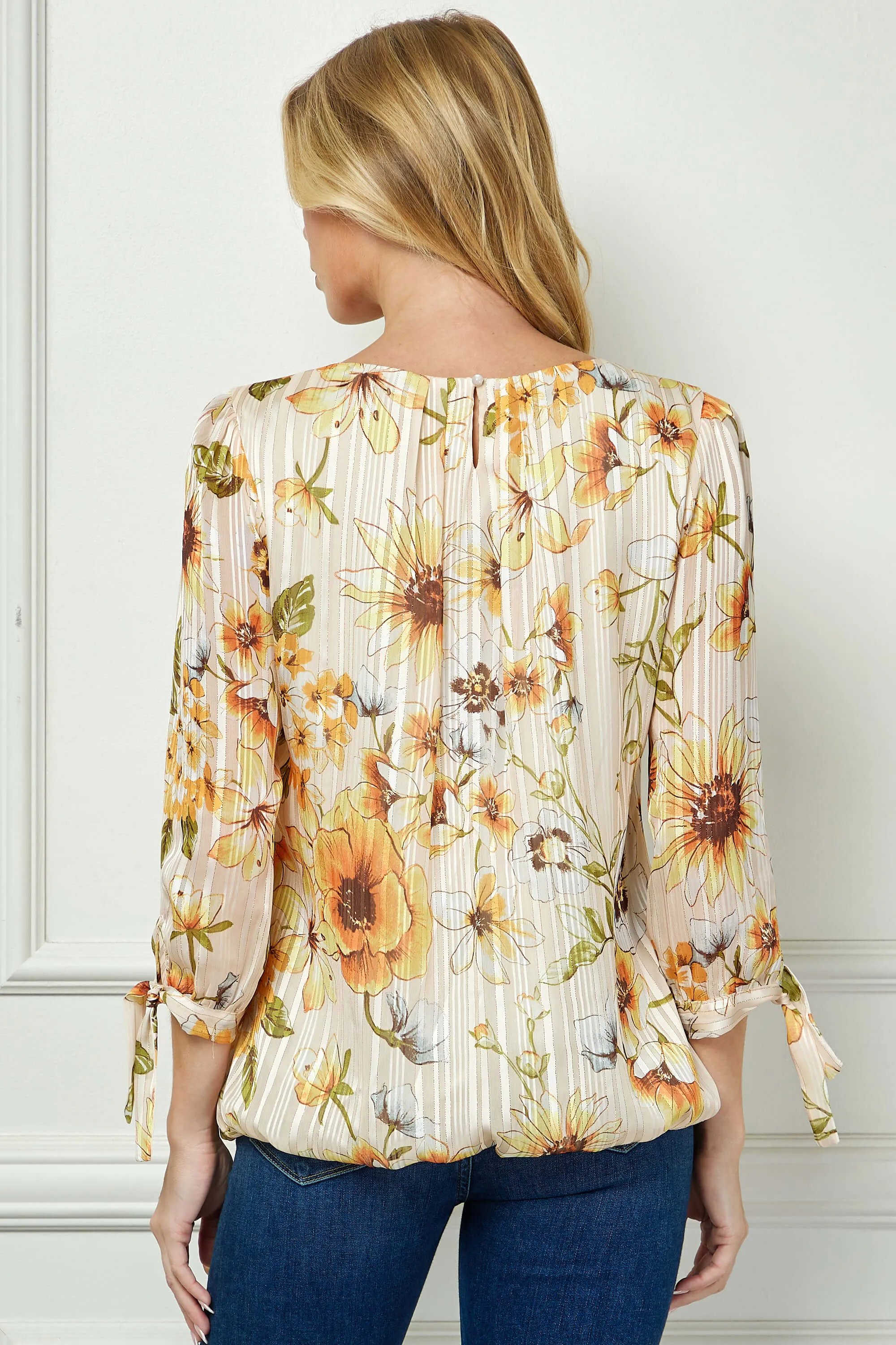 3/4 Tie Sleeve Pleat Neck Bubble Blouse in Yellow Pansy sold by Dress Barn product image thumbnail 4