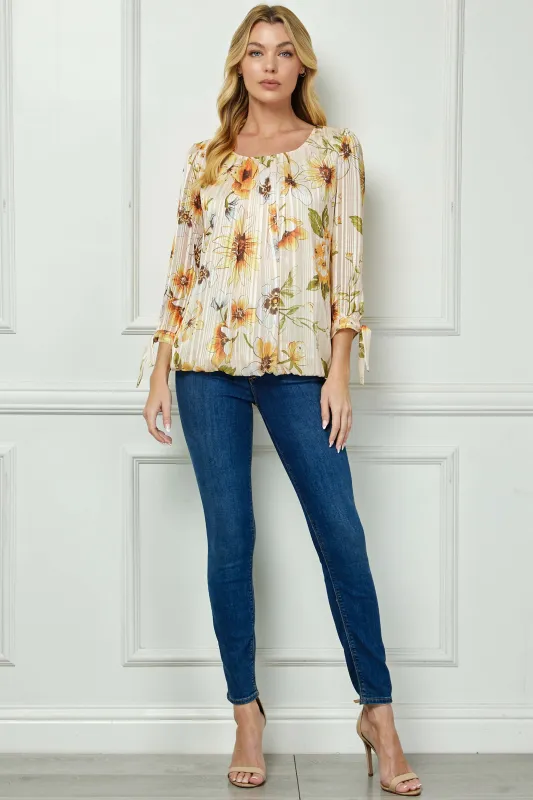 3/4 Tie Sleeve Pleat Neck Bubble Blouse in Yellow Pansy sold by Dress Barn