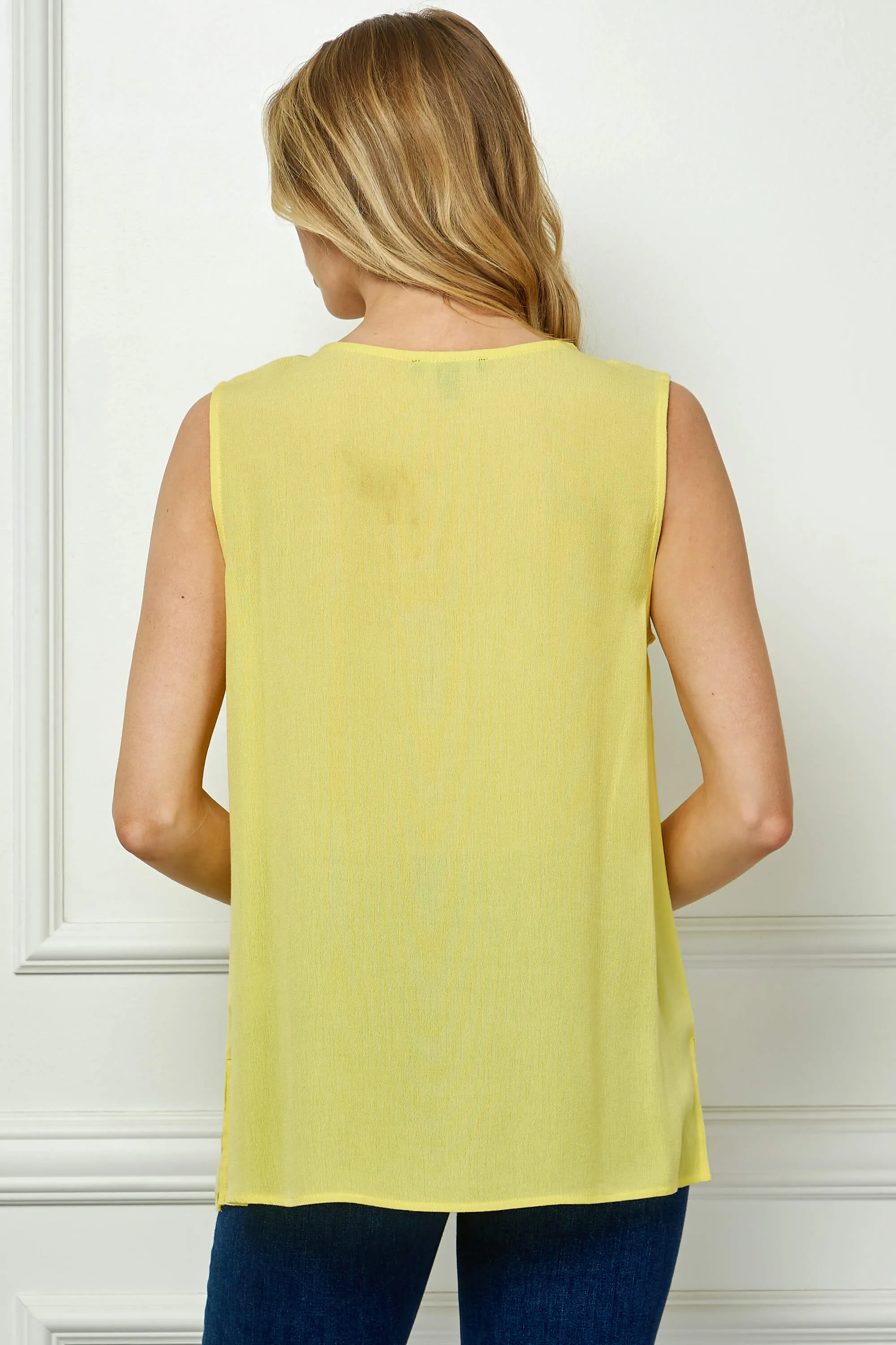 Sleeveless Embroidered Yoke Split Neck Blouse in Yellow sold by Dress Barn product image thumbnail 4