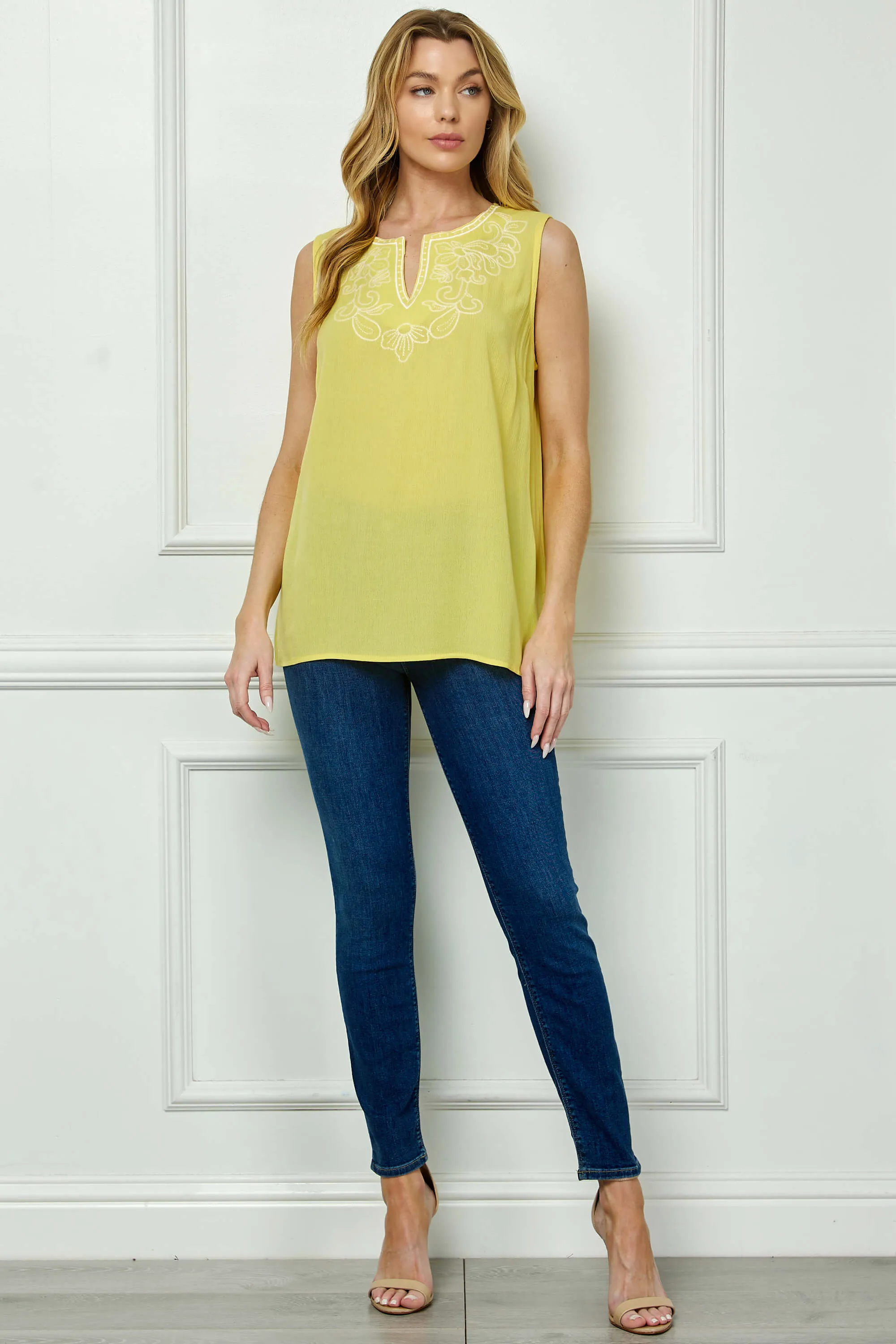 Sleeveless Embroidered Yoke Split Neck Blouse in Yellow sold by Dress Barn